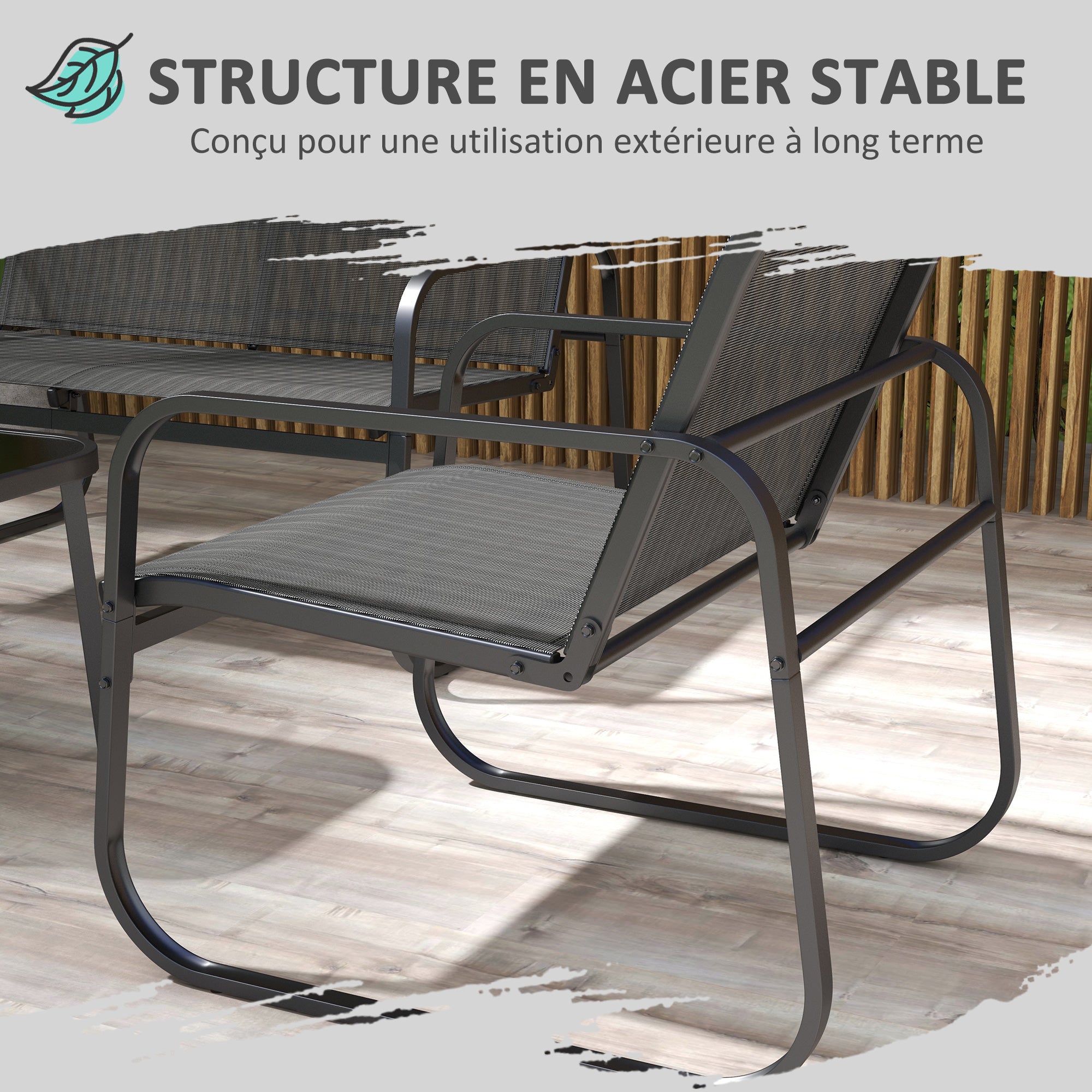 Solarias Salon de jardin 4 pièces avec 2 fauteuils 1 canapé 2 places d'extérieur et table basse plateau en verre trempé