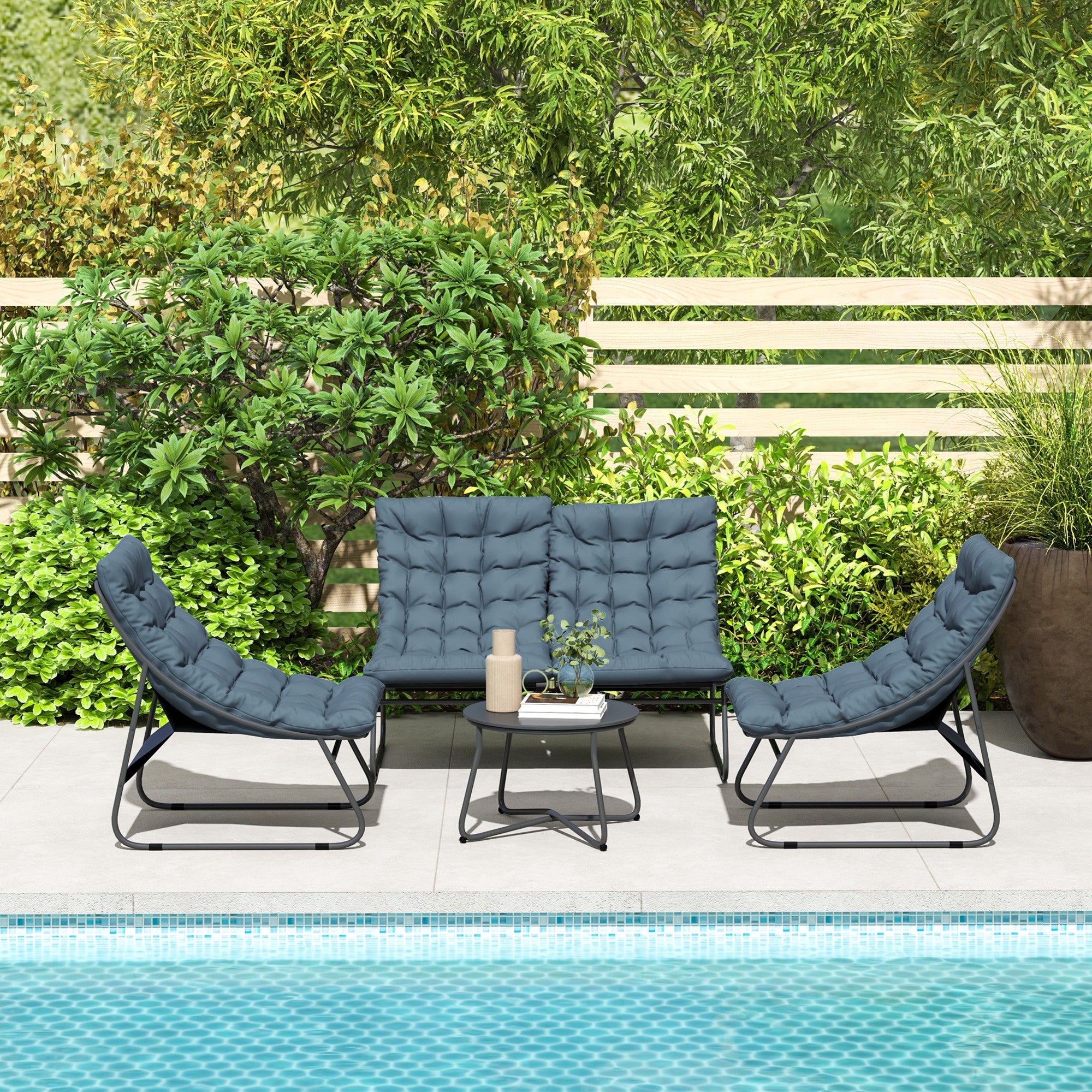 Solarias Ensemble de meubles de jardin 4 places, 2 chaises, 1 canapé double, 1 table avec une surface en verre, coussins épa