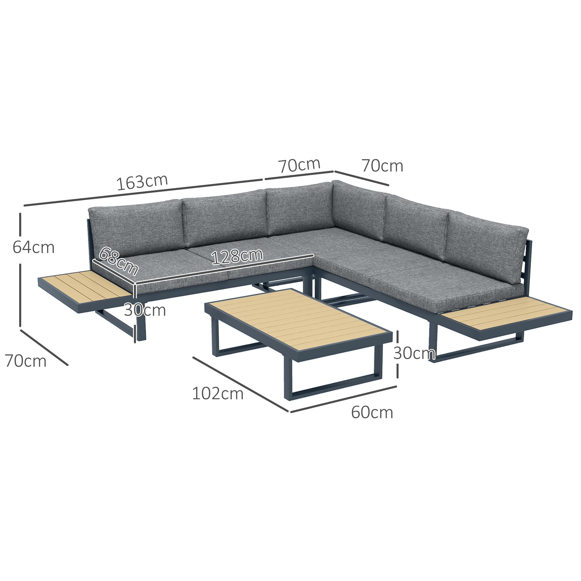 Solarias Ensemble salon de jardin d'angle design 5 places coussins table basse alu. gris anthracite et imitation bois