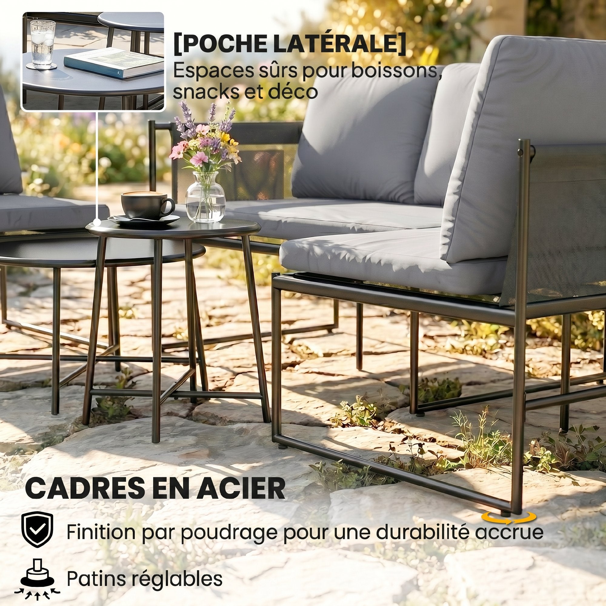 Solarias Salon de Jardin Extérieur 5 Pièces, 2 Canapés, 2 Tables, 1 Chaise, Pochette de Rangement, 182x167x65cm, Gris Foncé