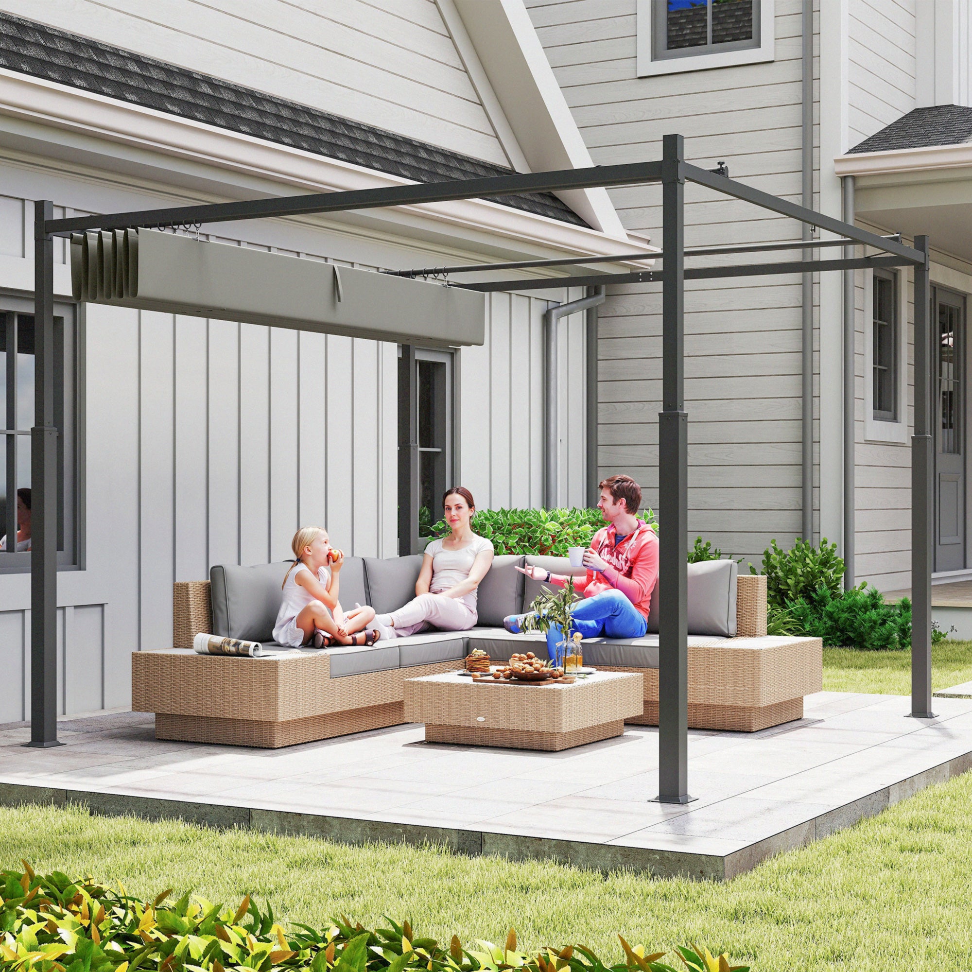 Solarias Pergola de jardin exterieur 3 x 3 m avec toit rétractable et fixation magnétique, abri soleil UPF30+, gris
