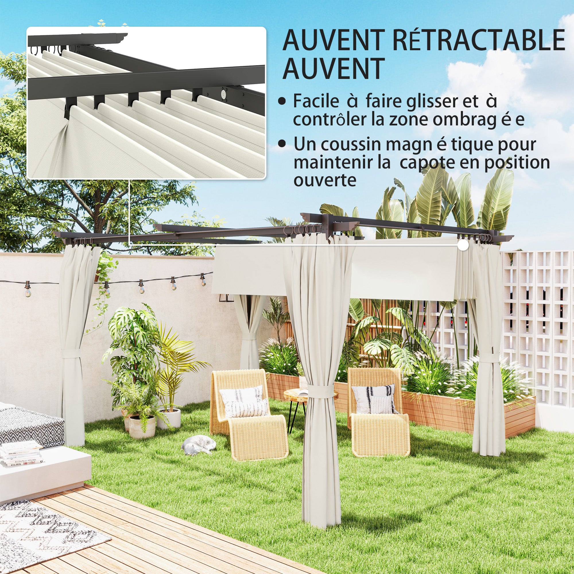Solarias Pergola 3 x 3 m avec Auvent Rétractable et Rideaux, Abri de Soleil UPF30+ pour Jardin, Terrasse, Extérieur