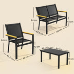 Solarias Salon de jardin extérieur 4 pièces avec canapé 2 places, 2 chaises et table basse en verre trempé, noir