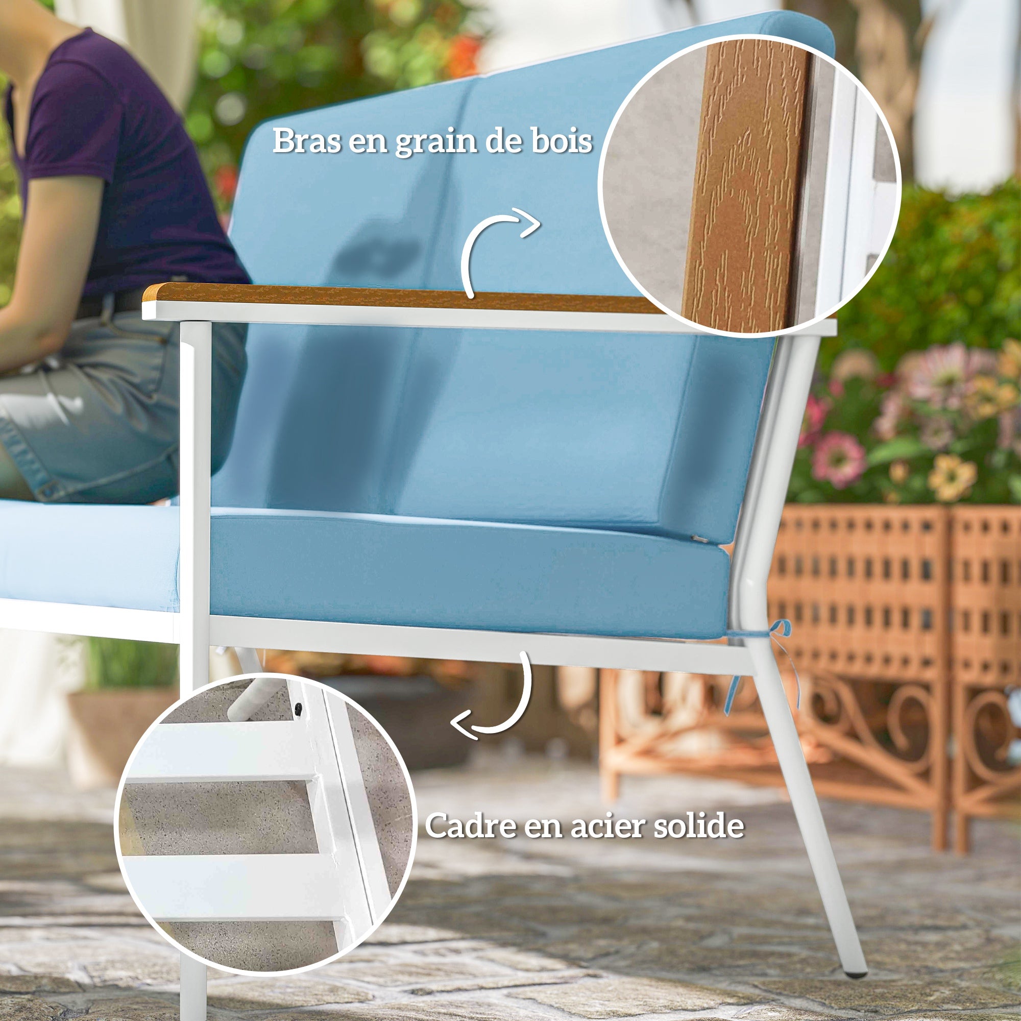 Solarias Salon de jardin extérieur 4 personnes, salon de balcon 5 pièces avec canapé, 2 fauteuils et 2 tables basses bleu cl