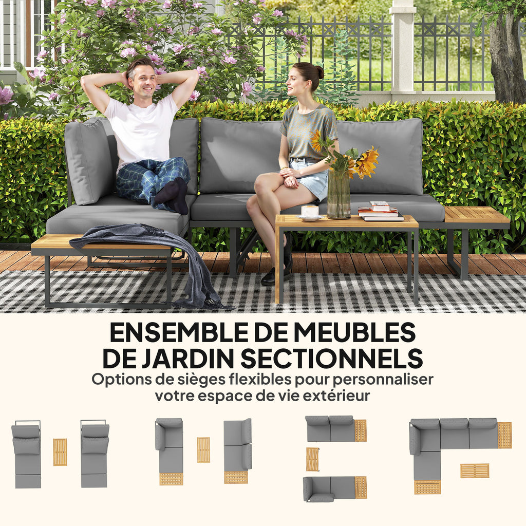 Solarias Ensemble de meubles de jardin modulable en bois d'acacia 6 places, salon de jardin d'angle avec table, gris