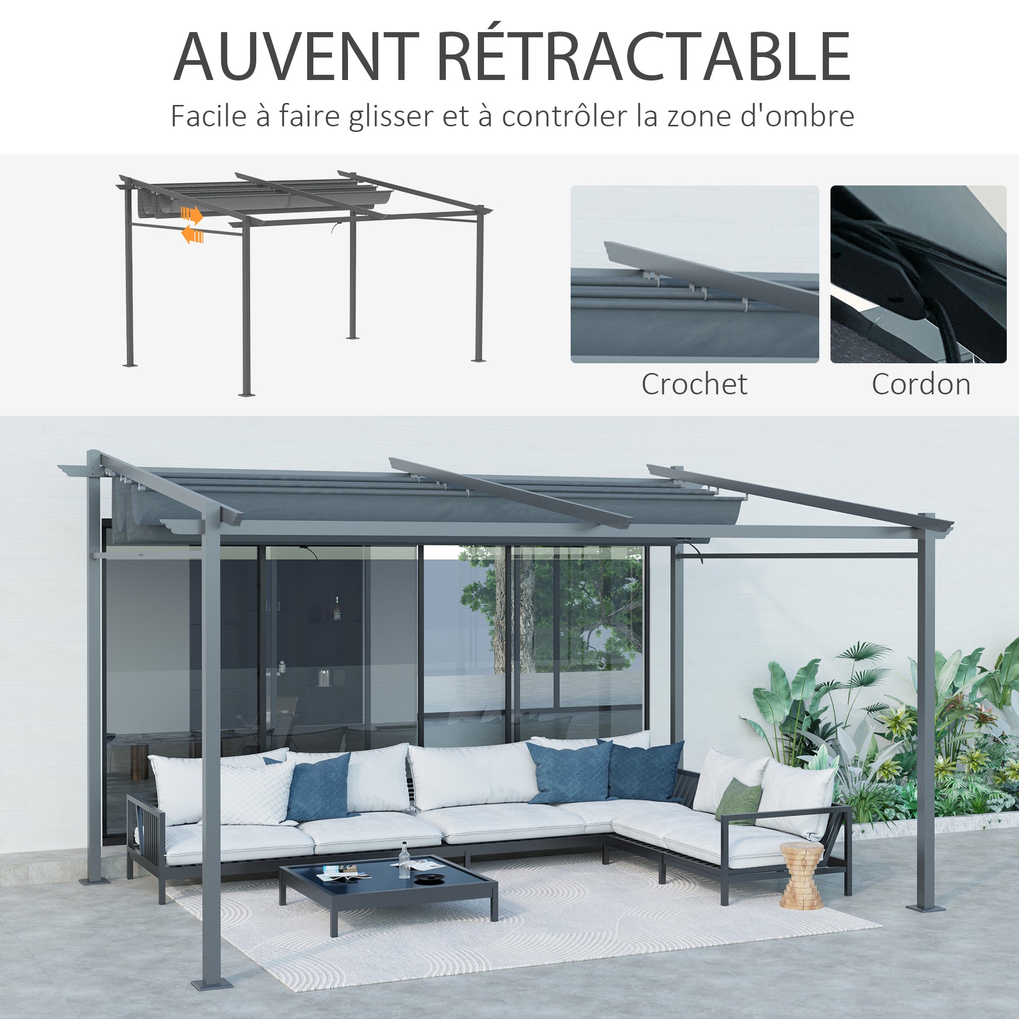 Solarias Pergola rétractable 4 x 3 m structure métal époxy anticorrosion toile Polyester180 g/m² Incluse Gris