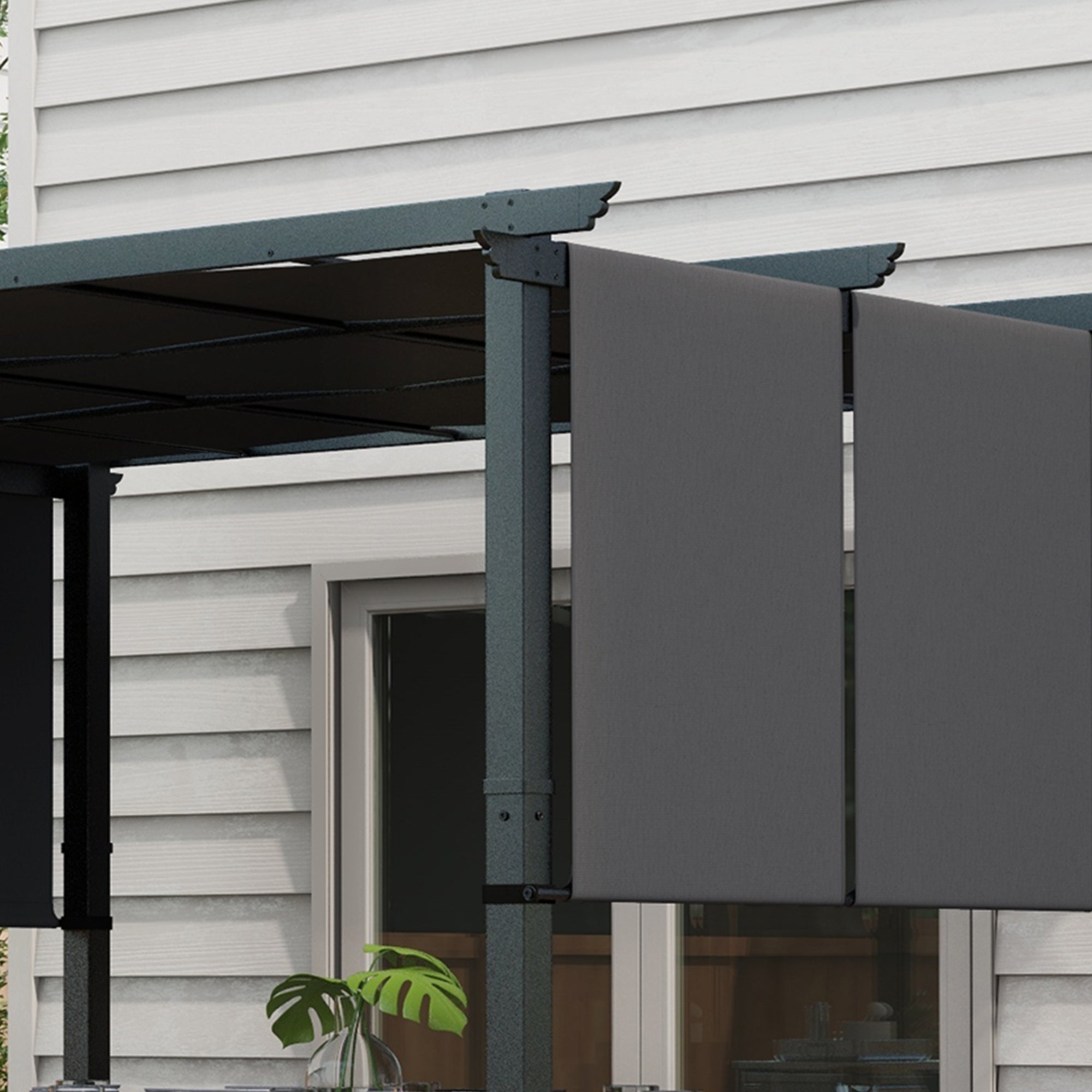 Solarias Pergola avec 3 toiles coulissantes 3,5 x 3 x 2,35 m structure acier noir toile polyester gris foncé