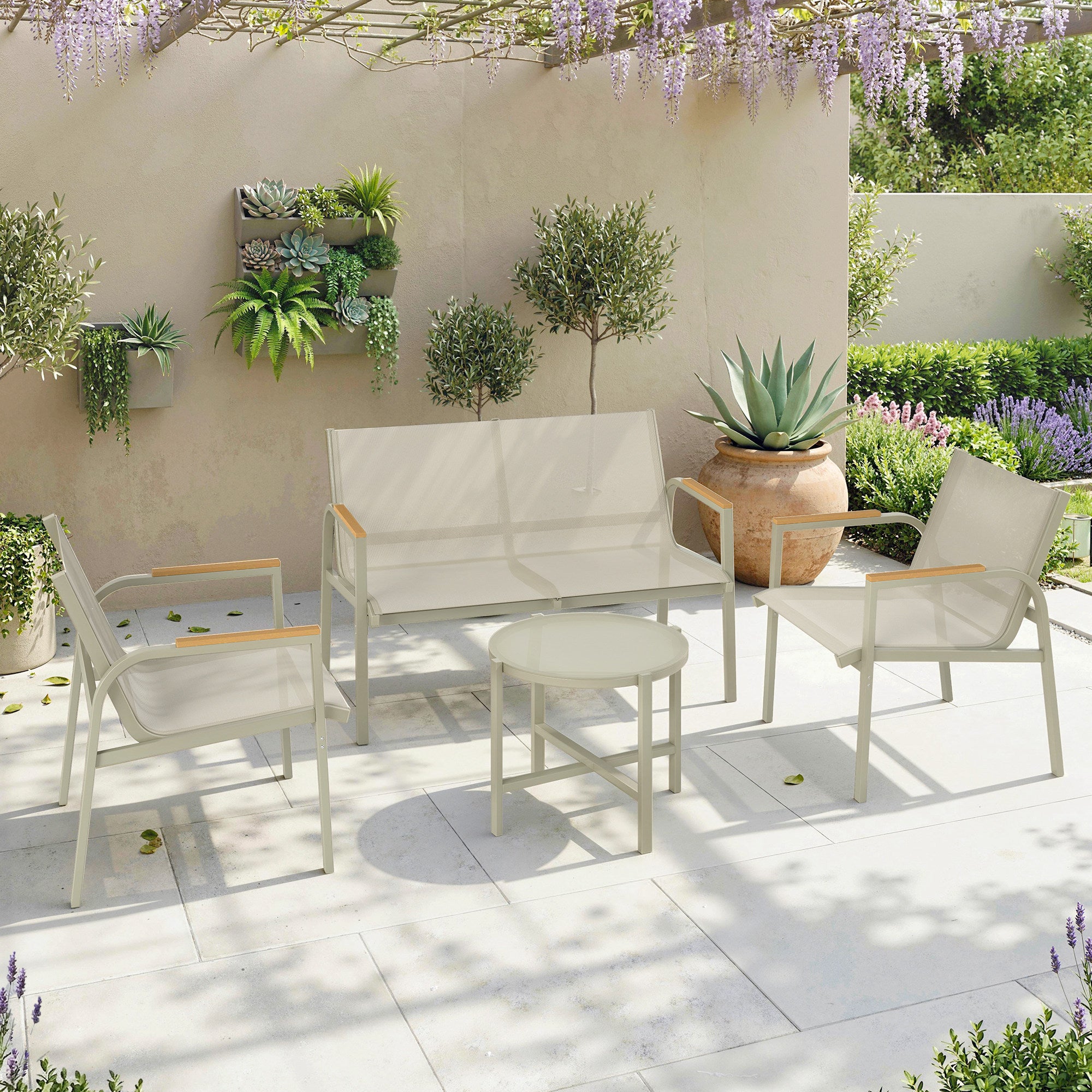 Solarias Salon de Jardin Ensemble de Terrasse avec Canapé 2 Places, 2 Fauteuils et Table Basse en Verre Trempé 4 Pièces Vert