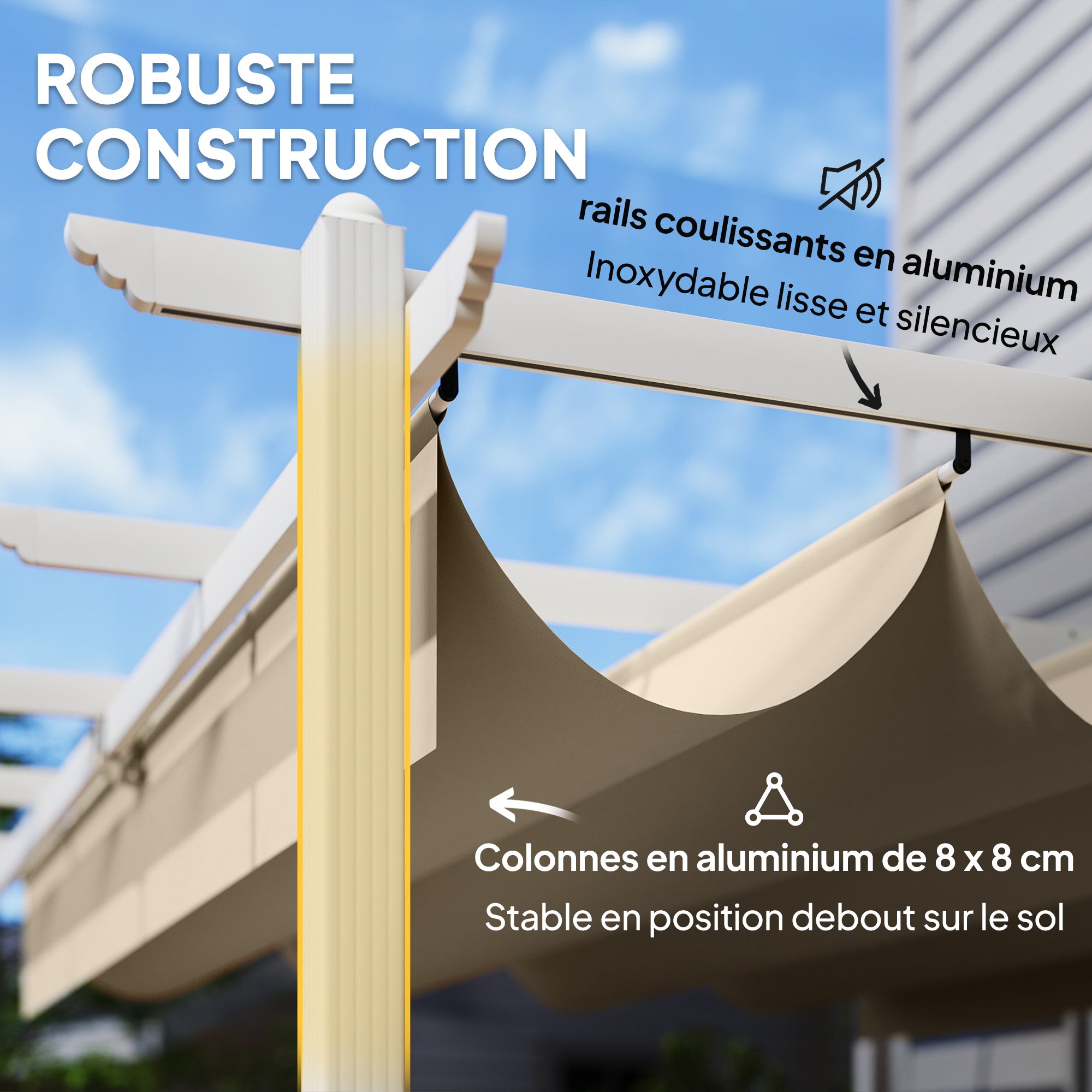 Solarias Pergola Tonnelle de Jardin Toit Rétractable avec Toile Coulissante Magnétique et Trous de Drainage 390x297x227cm Be