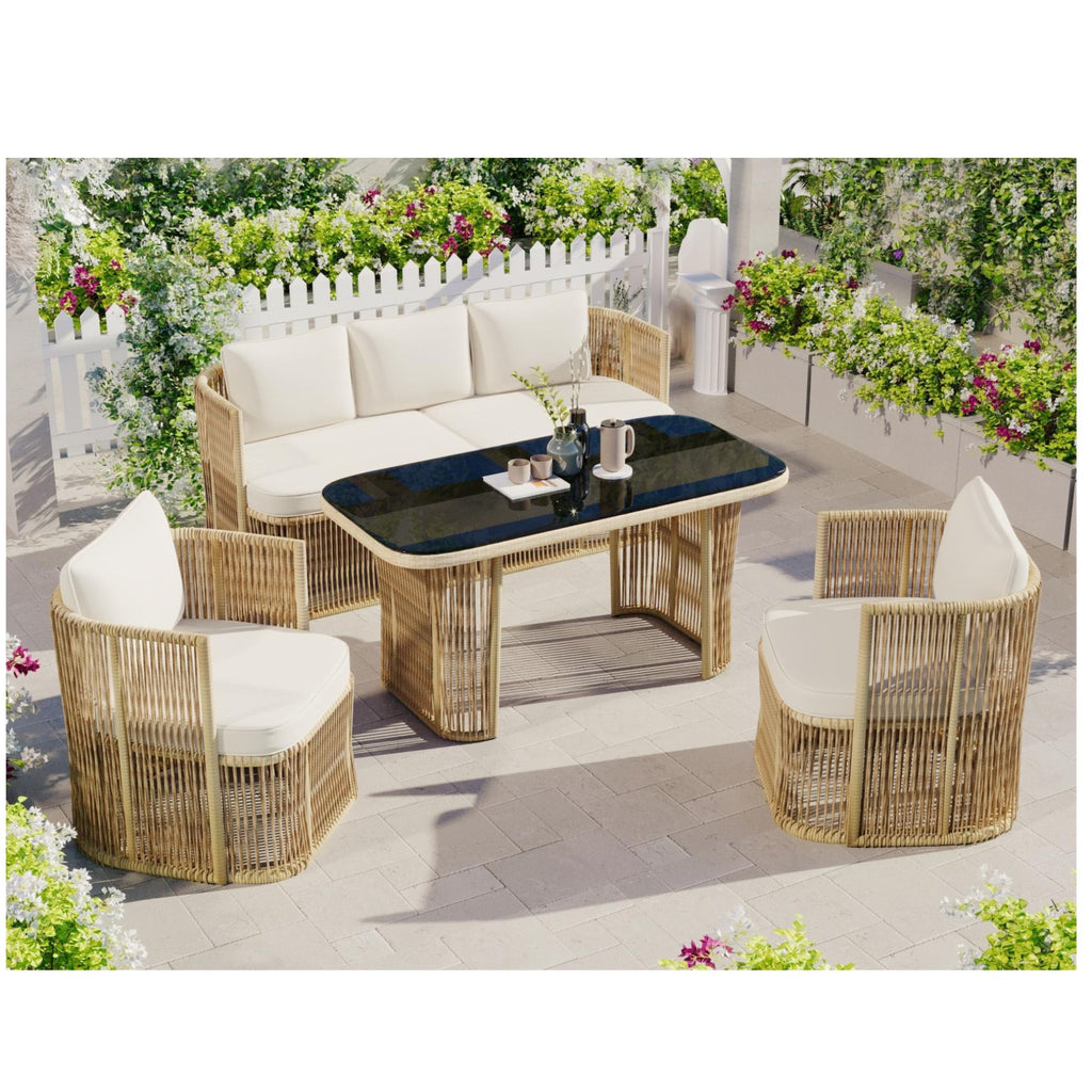 Solarias Ensemble de jardin 5‑pièces PE‑rotin, canapé 3‑places, 2 fauteuils et table en verre, Beige+Noir+Blanc