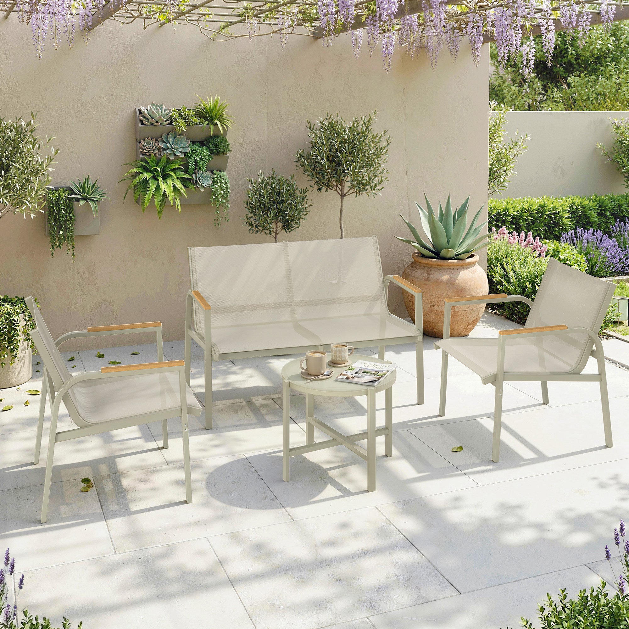 Solarias Salon de Jardin Ensemble de Terrasse avec Canapé 2 Places, 2 Fauteuils et Table Basse en Verre Trempé 4 Pièces Vert