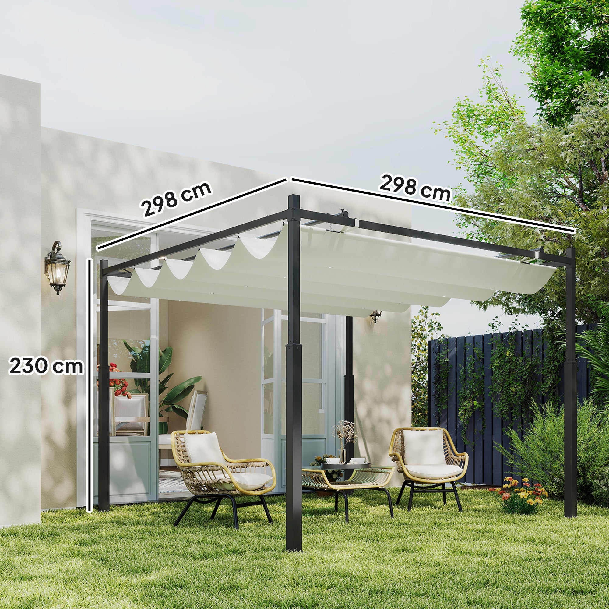 Solarias Pergola de jardin exterieur 3 x 3 m avec toit rétractable et fixation magnétique, abri soleil UPF30+, crème