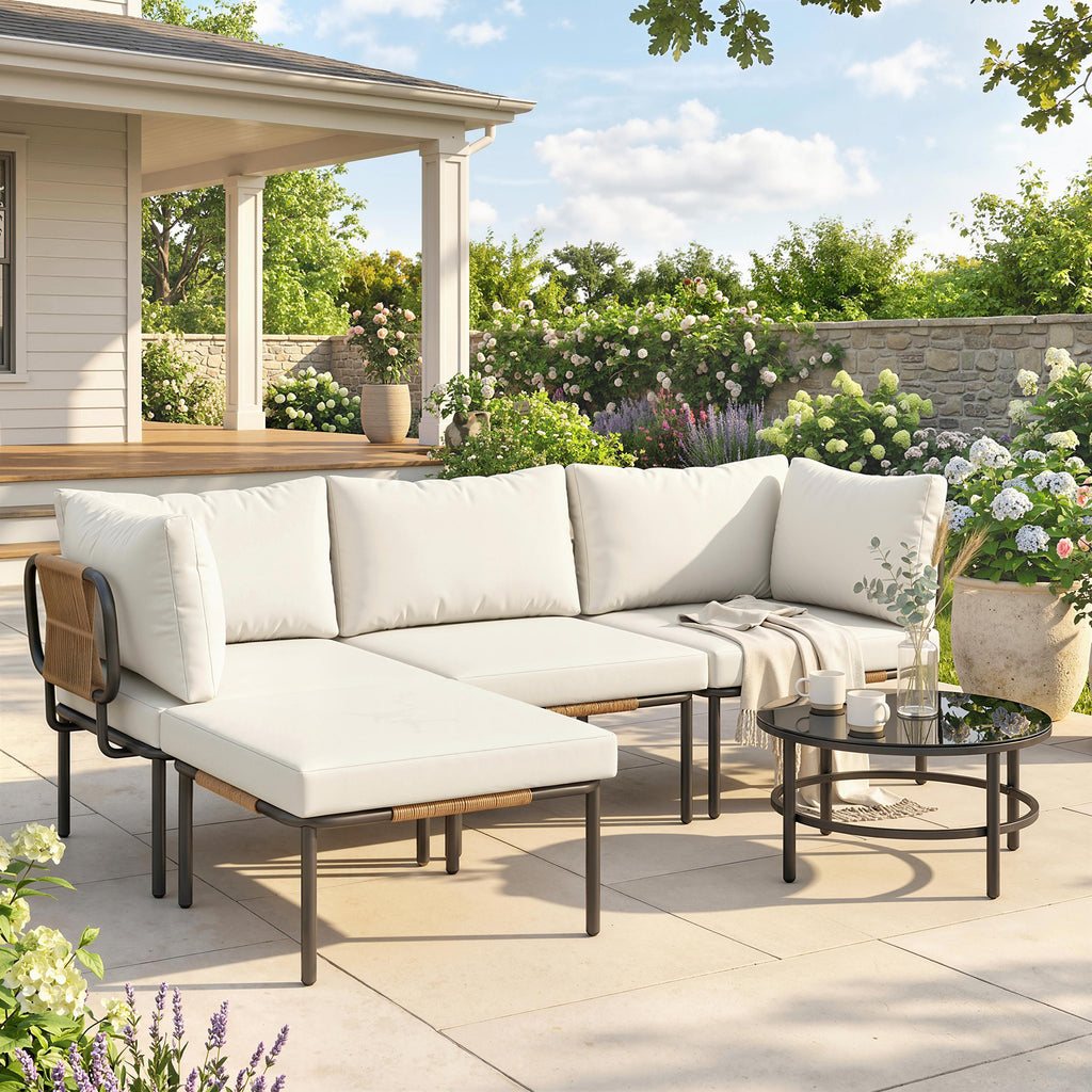 Solarias Ensemble Jardin 5 Pièces, Rotin Modulable en L avec Coussins, Couleur Kaki