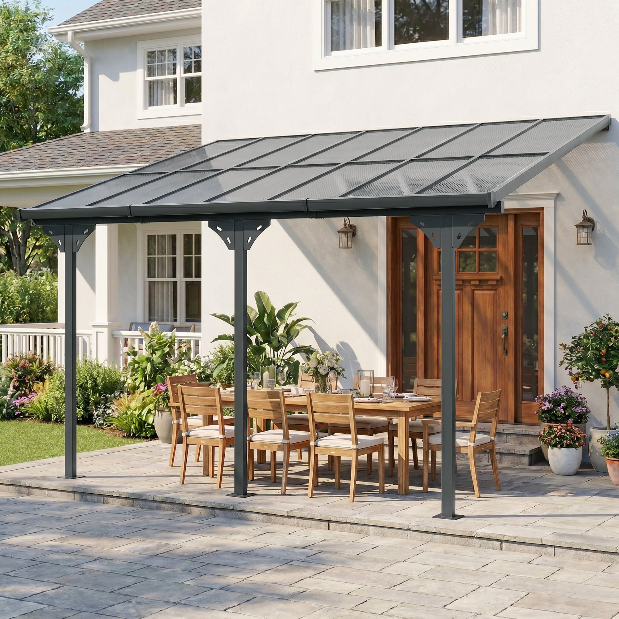 Solarias Pergola adossée aluminium 4,5 x 3 m avec toit en polycarbonate résistant UV, gouttière intégrée, tonnelle de jardin