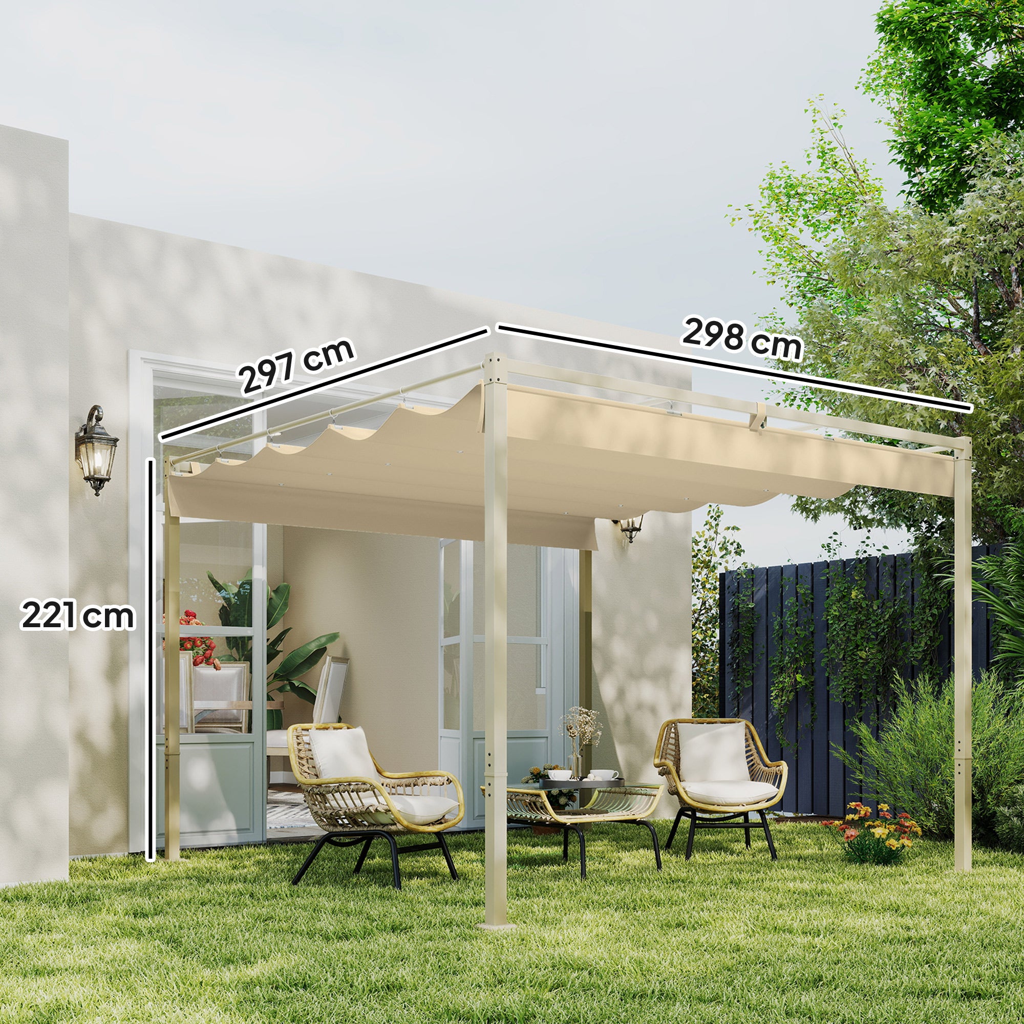Solarias Pergola de jardin 3 x 3m avec toit rétractable et fixation magnétique, auvent de protection solaire, UPF30+, kaki