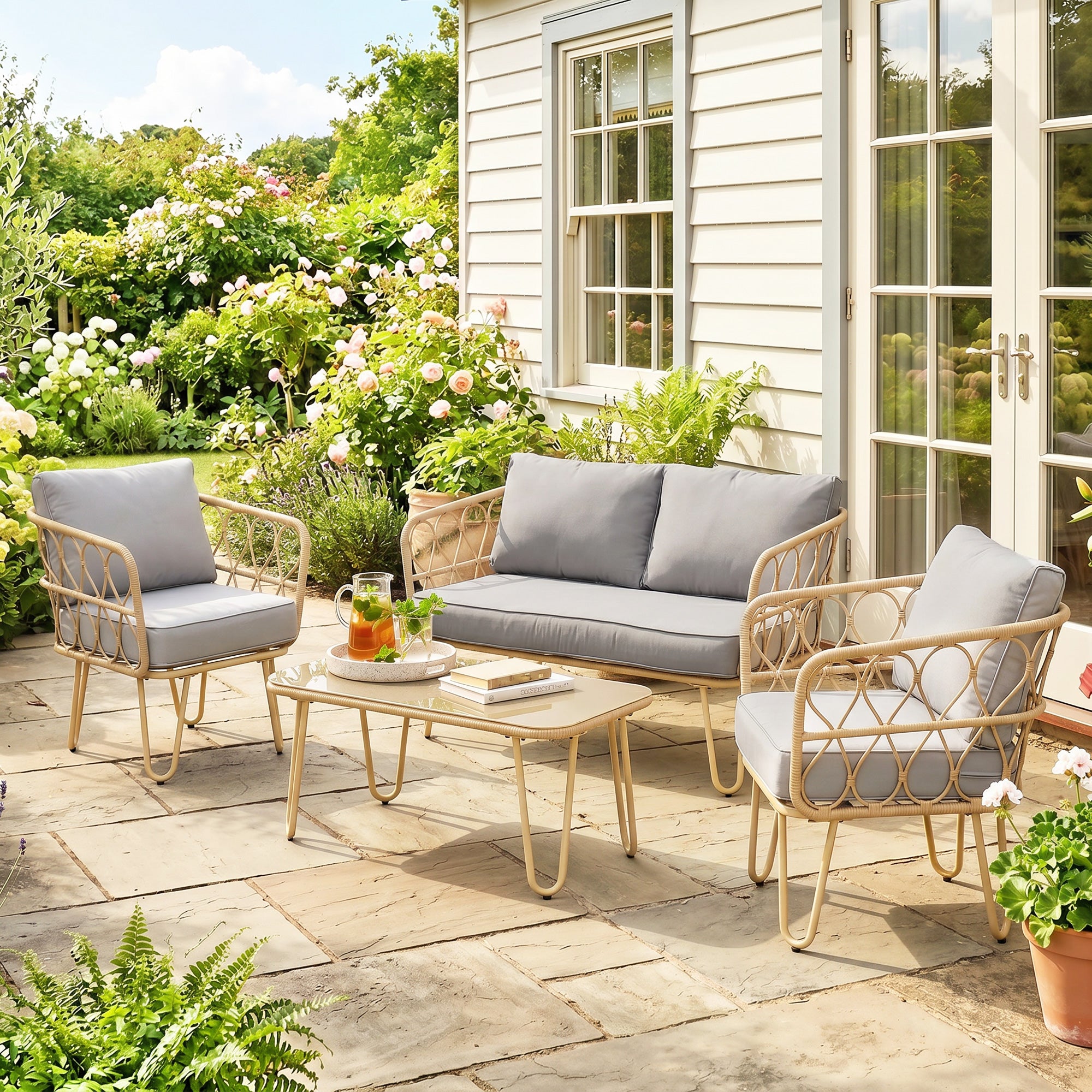 Solarias Ensemble salon de jardin canapé 2 places + 2 fauteuils + 1 table basse plateau verre trempé 7 coussins gris