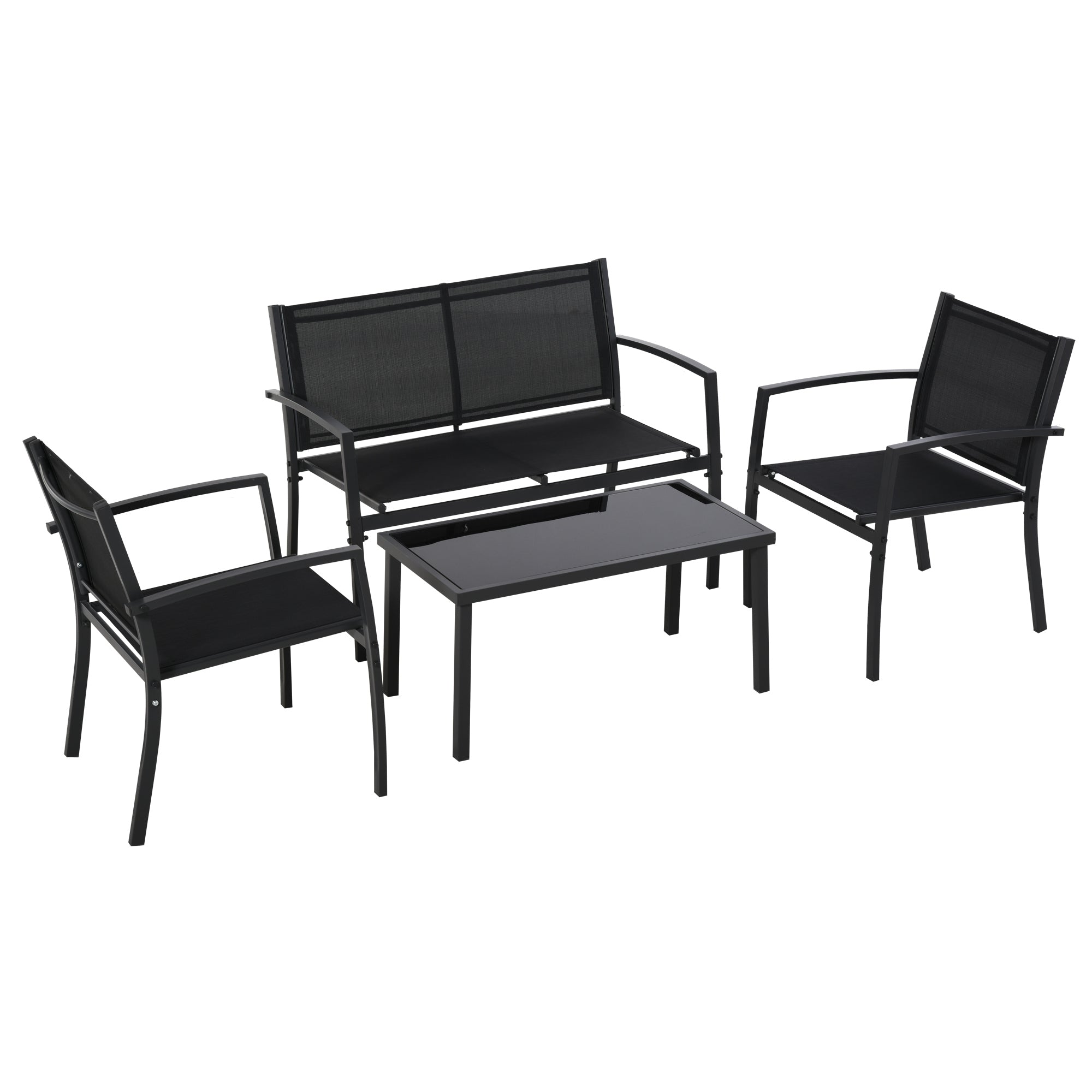 Solarias Salon de jardin extérieur 4 pièces avec canapé 2 places, 2 chaises et table basse en verre trempé, coussins inclus,