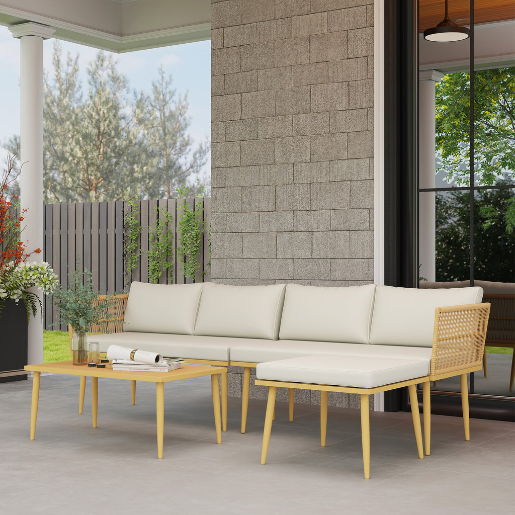 Solarias Salon de jardin extérieur en résine tressée 5 places modulable 2 canapés, pouf et table basse, coussins inclus, crè