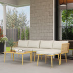 Solarias Salon de jardin extérieur en résine tressée 5 places modulable 2 canapés, pouf et table basse, coussins inclus, crè