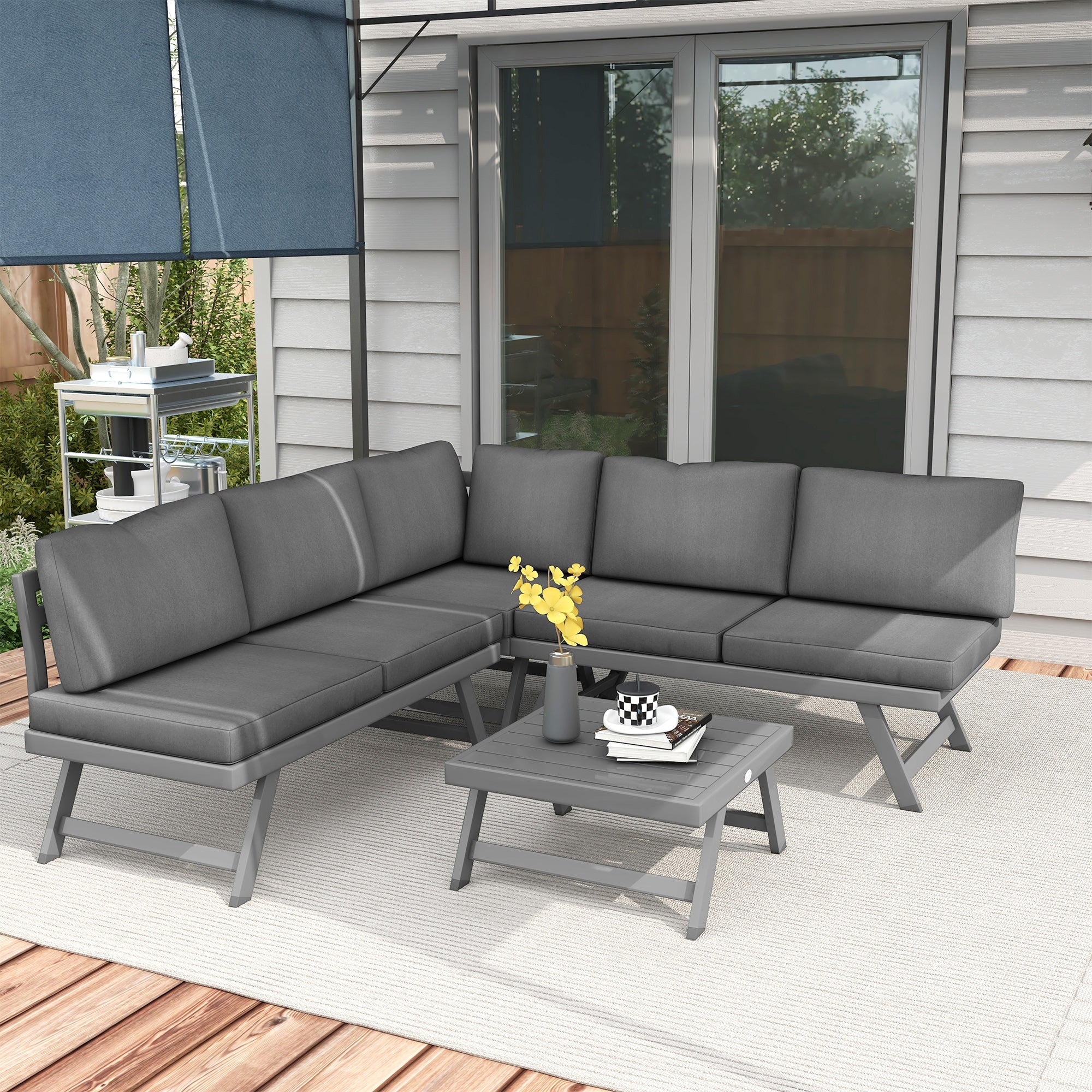 Solarias Ensemble salon de jardin d'angle et convertible 4 pièces avec 2 banquettes, 1 fauteuil d'angle et 1 table basse