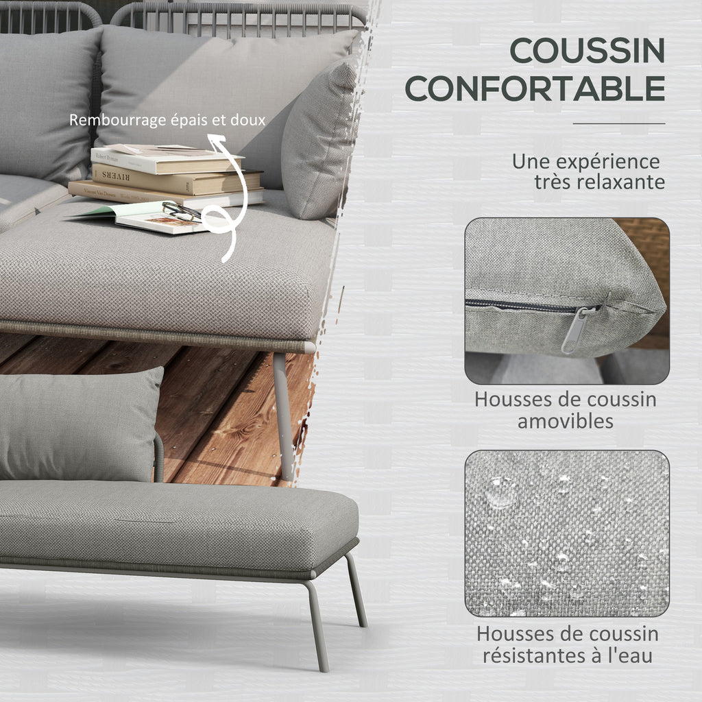 Solarias Salon de jardin d'angle 4 pers. style colonial table basse coussins grand confort inclus résine tressée gris