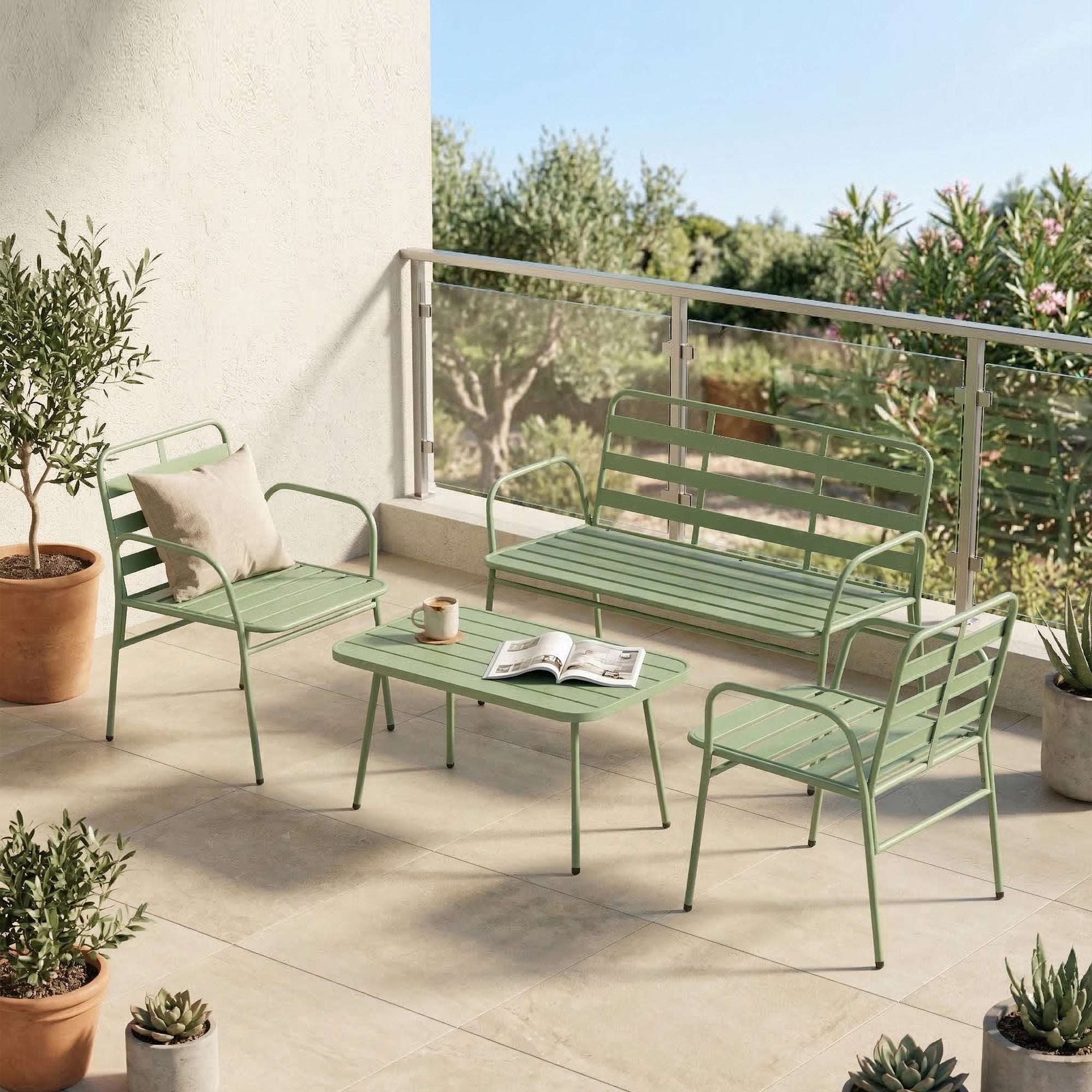 Solarias Salon de Jardin Extérieur en Acier 4 Pièces, Canapé 2 Places, 2 Fauteuils, Table Basse, à Lattes, 112x60x75cm, Vert