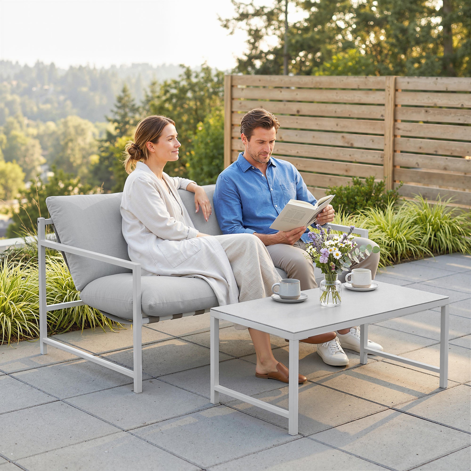 Solarias Salon de Jardin Extérieur 2 Pièces, Canapé avec Coussins, Table Basse en Verre Trempé Marbré 3D, 125x80x64cm, Gris 