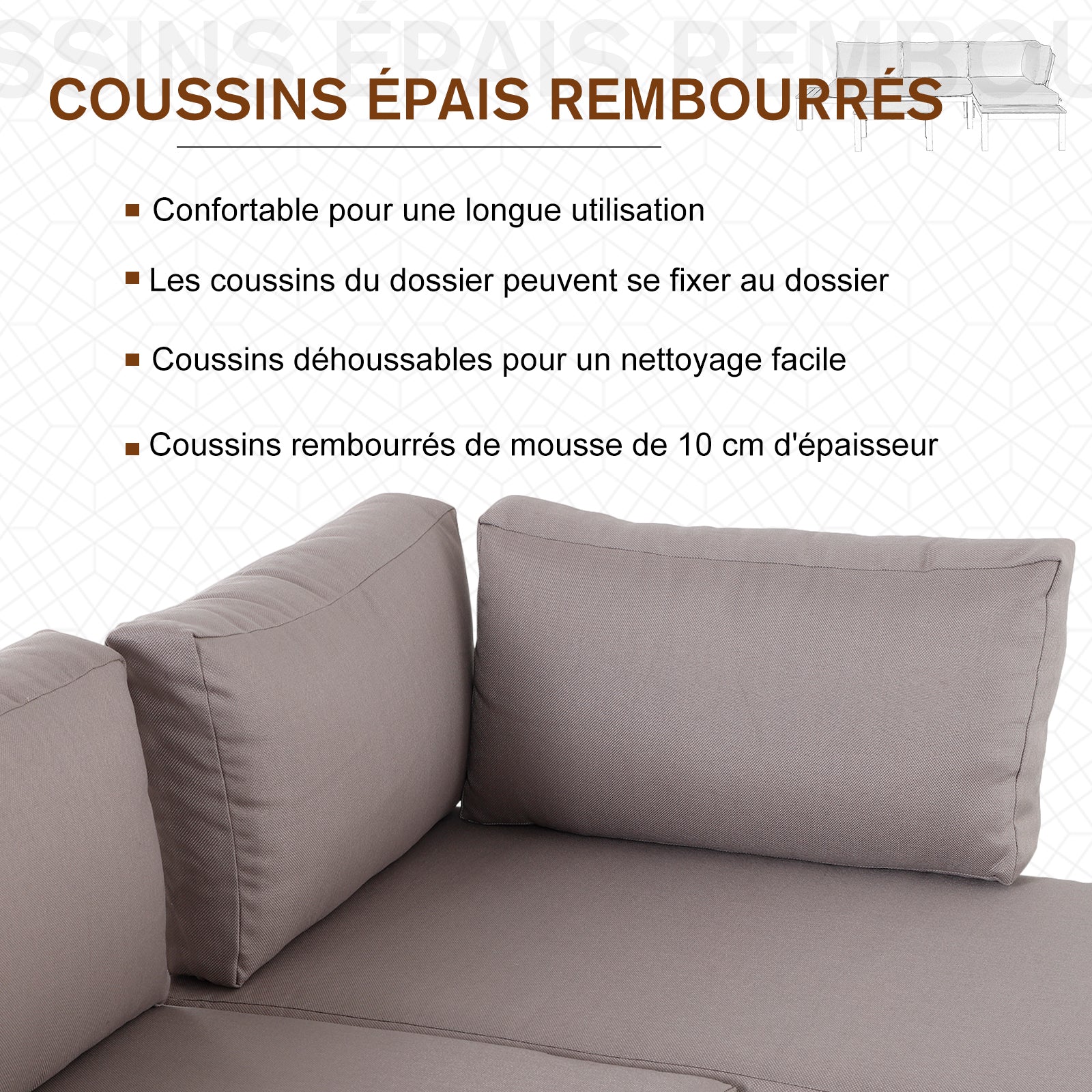 Solarias Ensemble Salon de Jardin d'angle Design Contemporain 5 Places Coussins Marron Table Basse alu. Noir et Imitation Bo