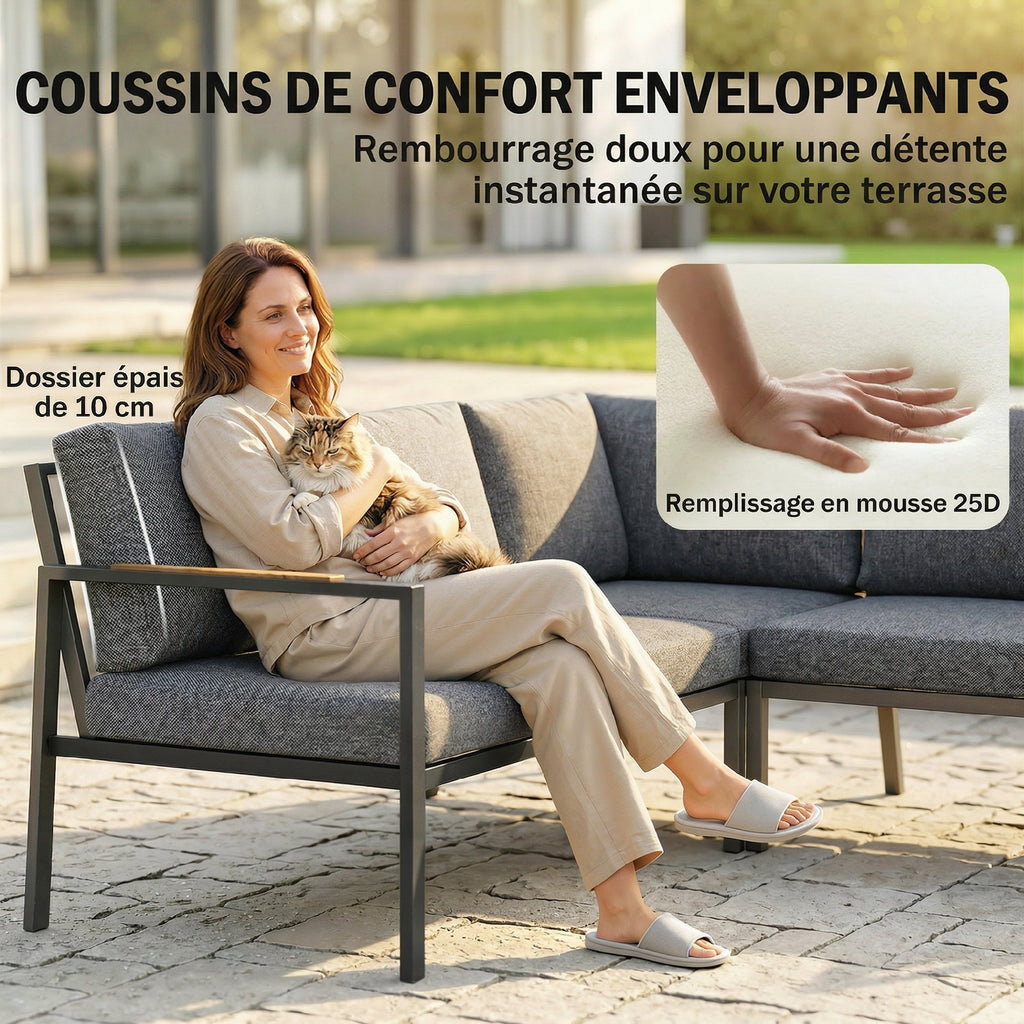 Solarias Salon de Jardin Extérieur 3 Pièces 5 Personnes, 2 Canapés avec Coussins Épais, 1 Table Basse, 183x183x72cm, Gris Fo