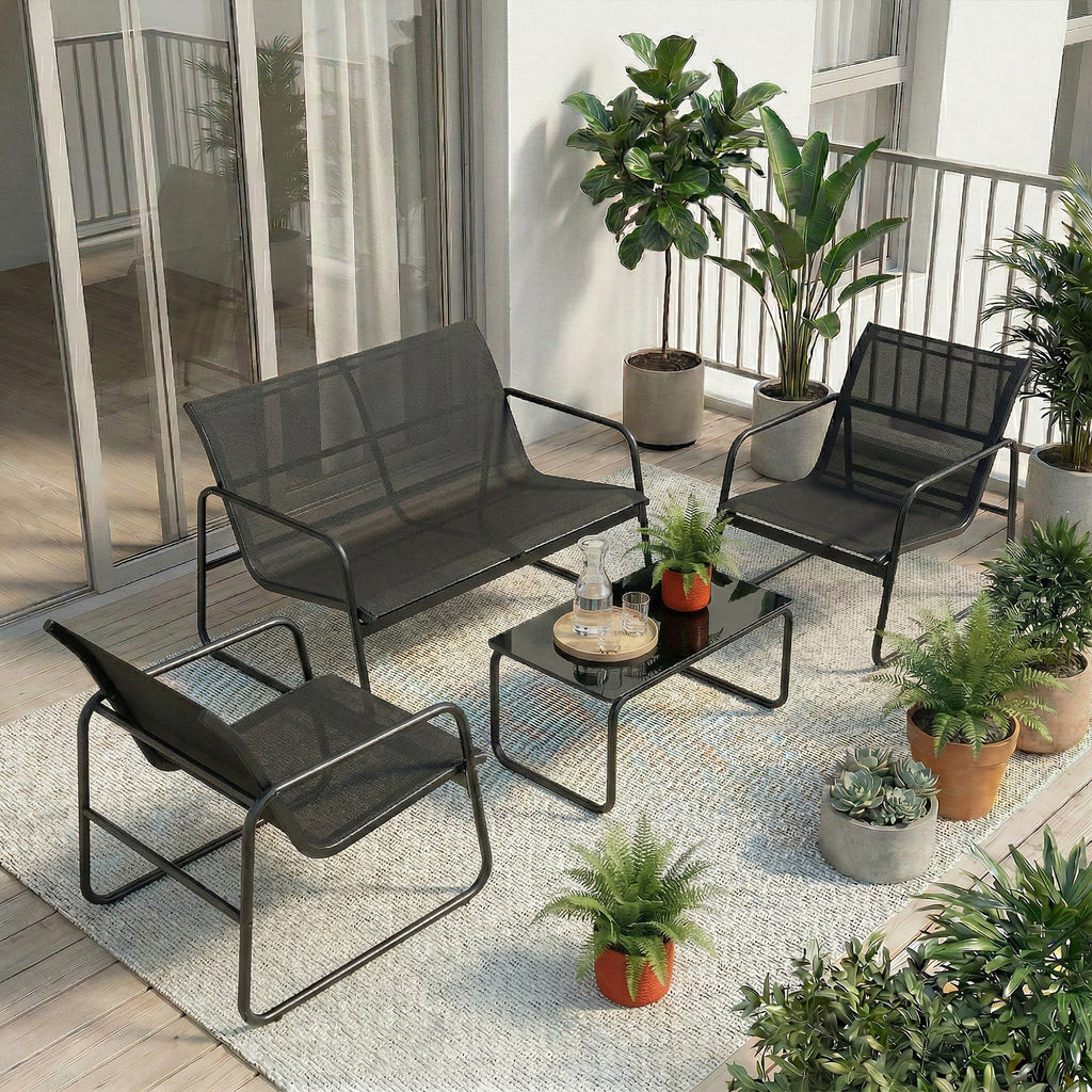 Solarias Salon de jardin 4 pièces avec canapé, fauteuils et table basse, gris foncé et noir