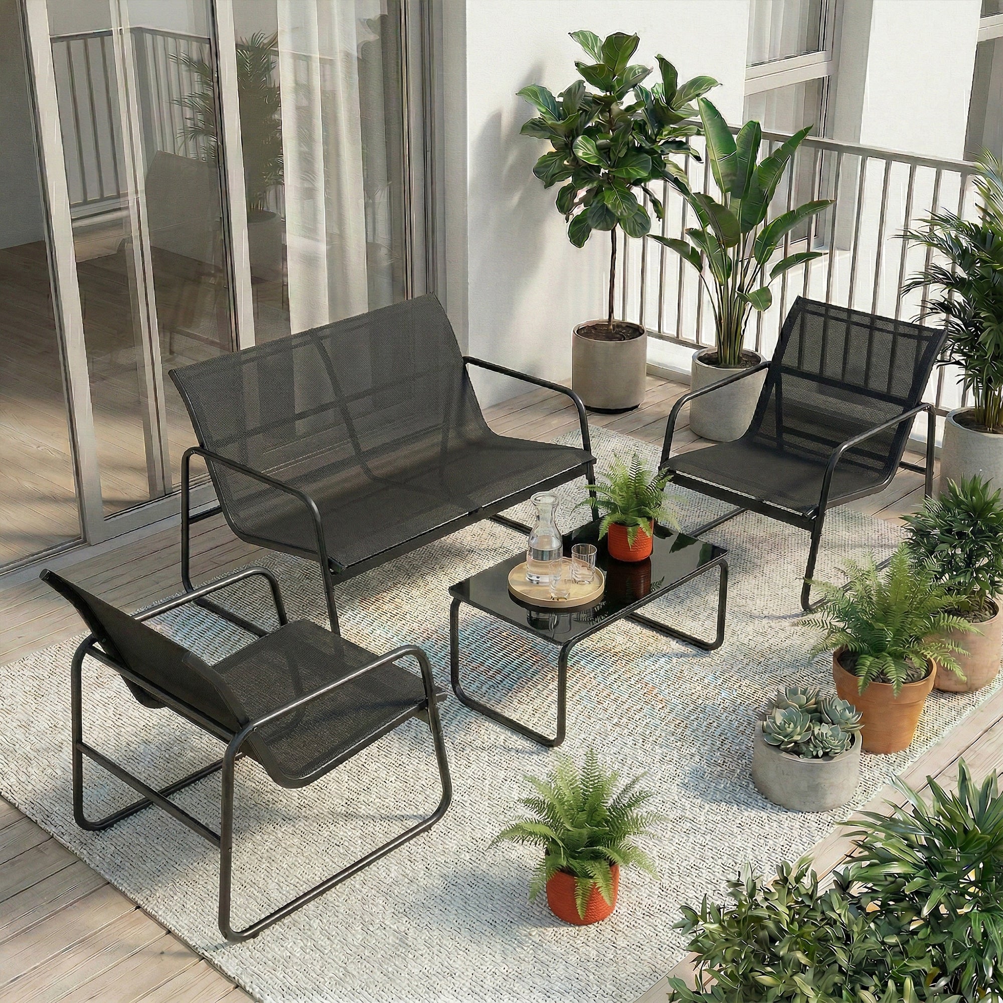 Solarias Salon de jardin 4 pièces avec canapé, fauteuils et table basse, gris foncé et noir