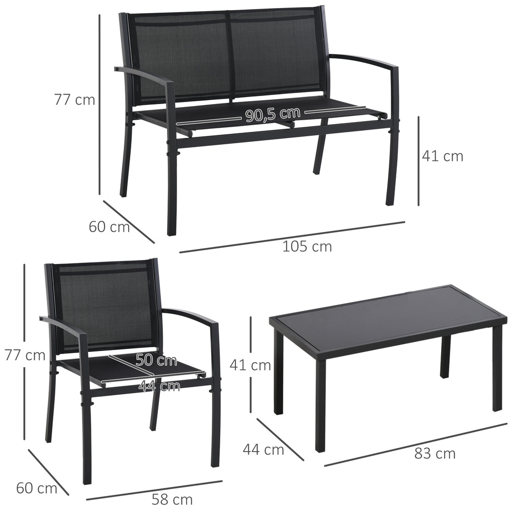 Solarias Salon de jardin extérieur 4 pièces avec canapé 2 places, 2 chaises et table basse en verre trempé, coussins inclus,