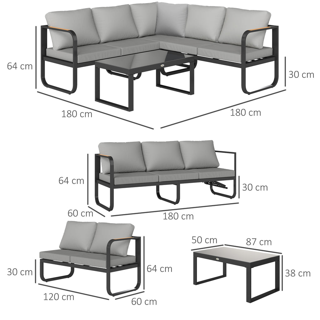 Solarias Salon de jardin extérieur 3 pièces en L avec canapés et table basse en verre, assise réglable 5 positions, gris