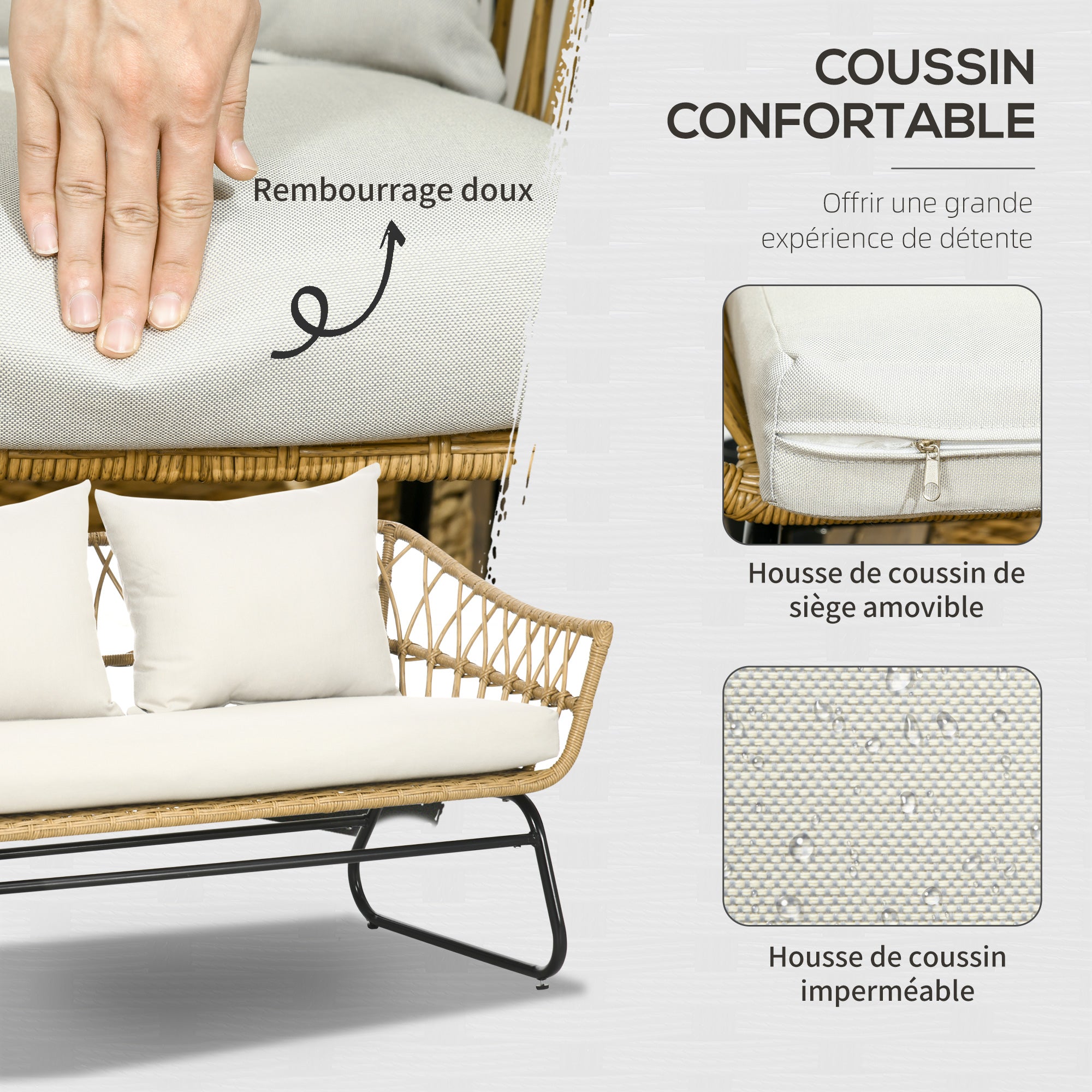 Solarias Salon de jardin 4 pièces en résine tressée canapé 2 places + 2 fauteuils + 1 table basse sable et crème