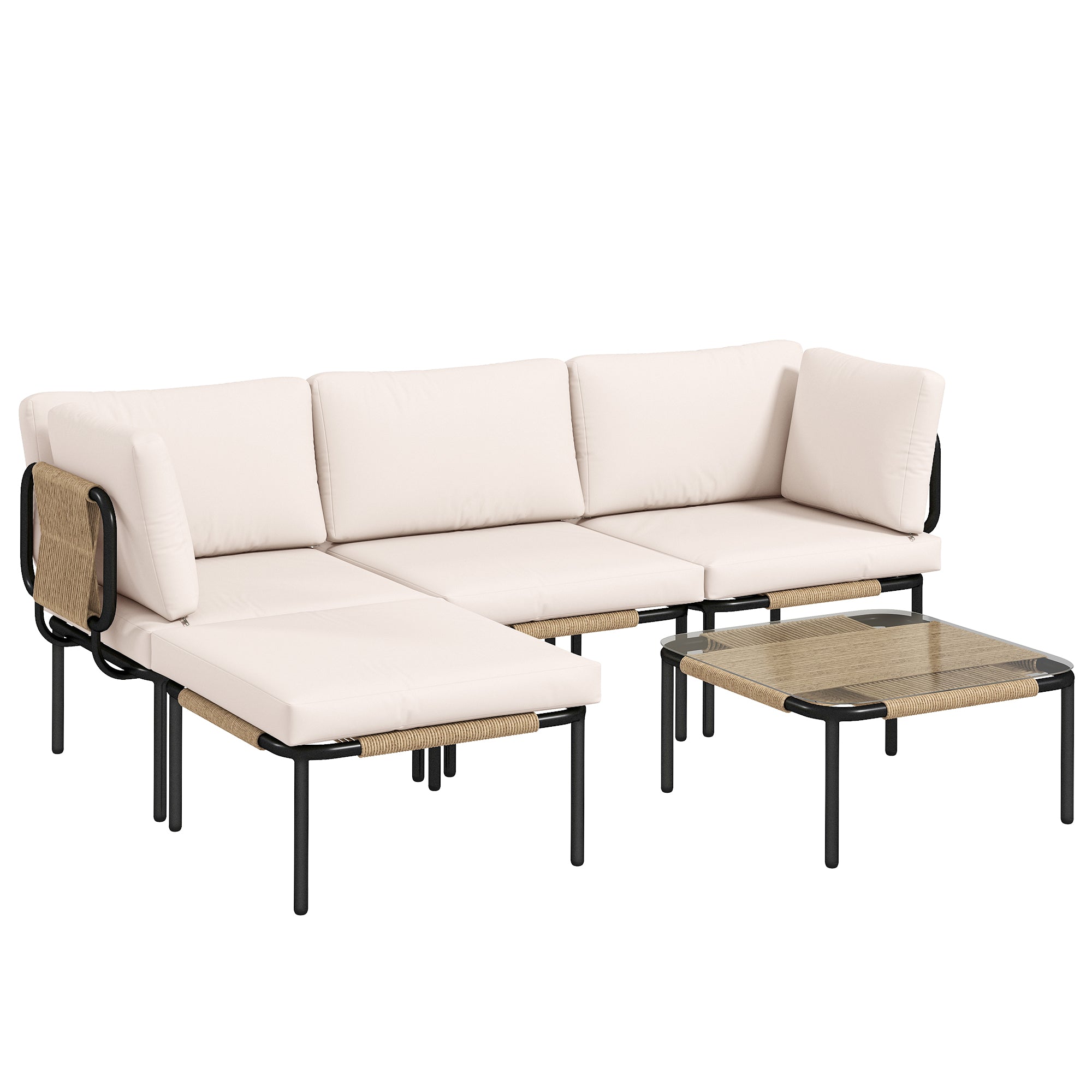 Solarias Ensemble lounge en Polyrattan 5 pièces avec 3 fauteuils, table en verre, repose-pieds, assise large & profonde, cou