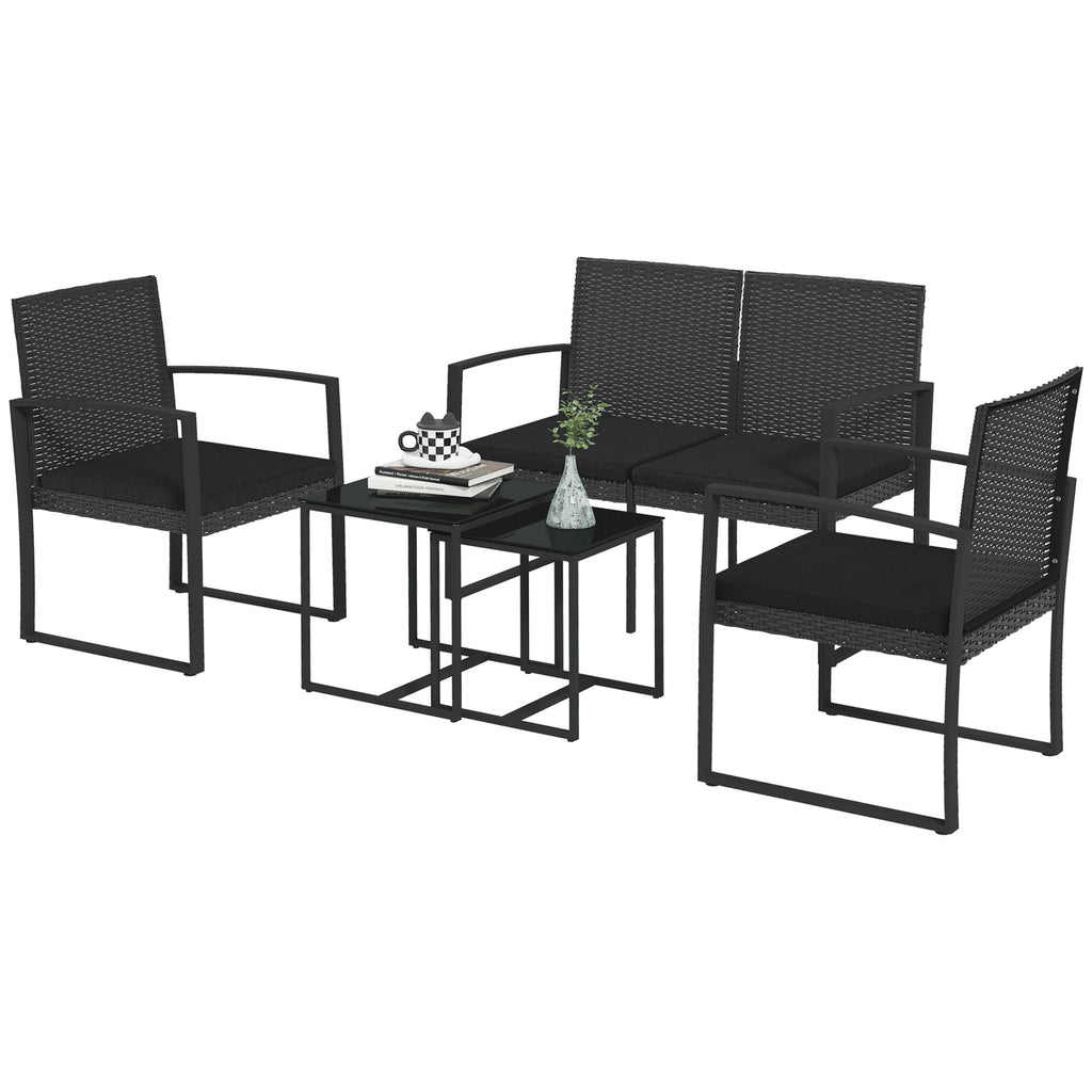 Solarias Ensemble de Jardin avec 2 Chaises, Canapé et 2 Tables avec Coussins et Plateau en Verre, Noir