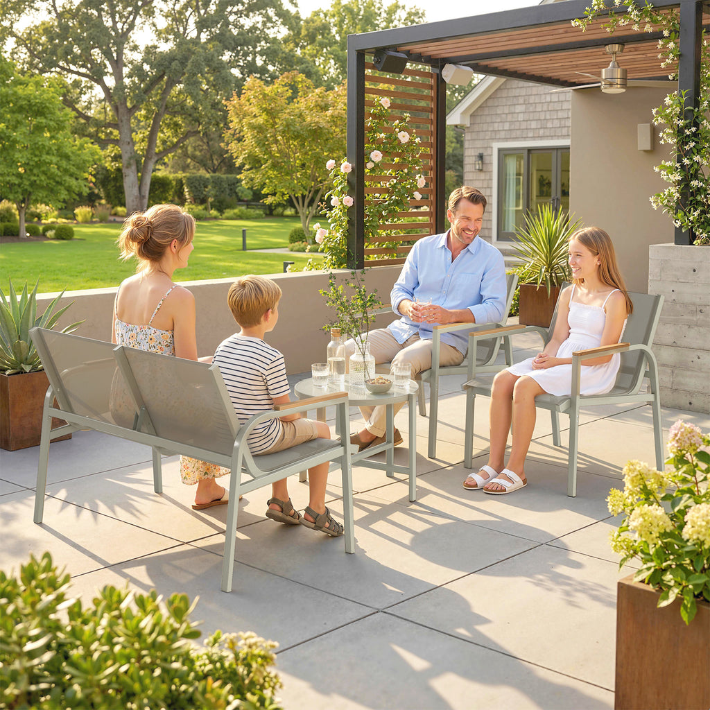Solarias Salon de Jardin Ensemble de Terrasse avec Canapé 2 Places, 2 Fauteuils et Table Basse en Verre Trempé 4 Pièces Vert