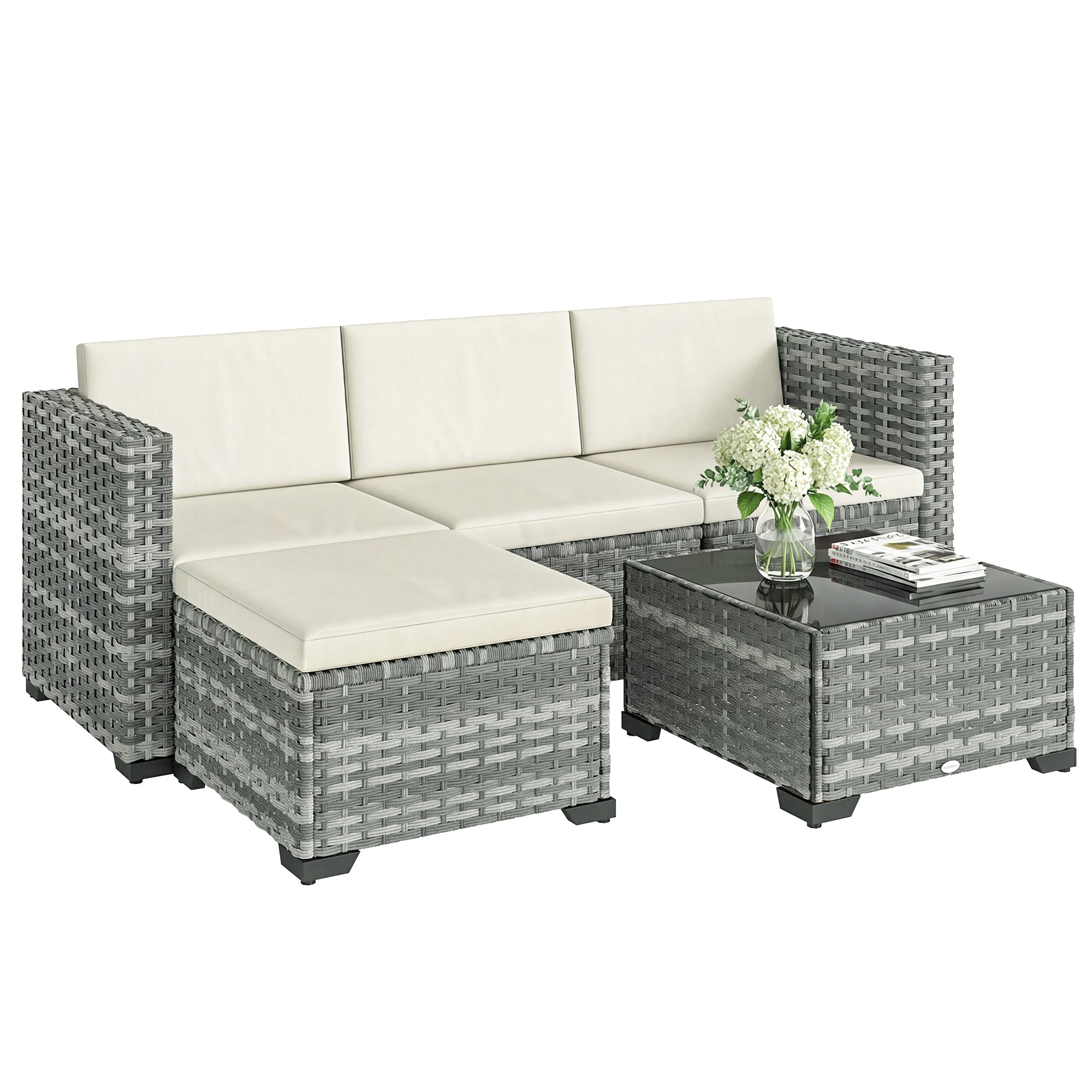 Solarias Ensemble de jardin Polyrattan 5 pièces, set lounge avec canapé d'angle, pouf, table, coussins d'assise et de dossie