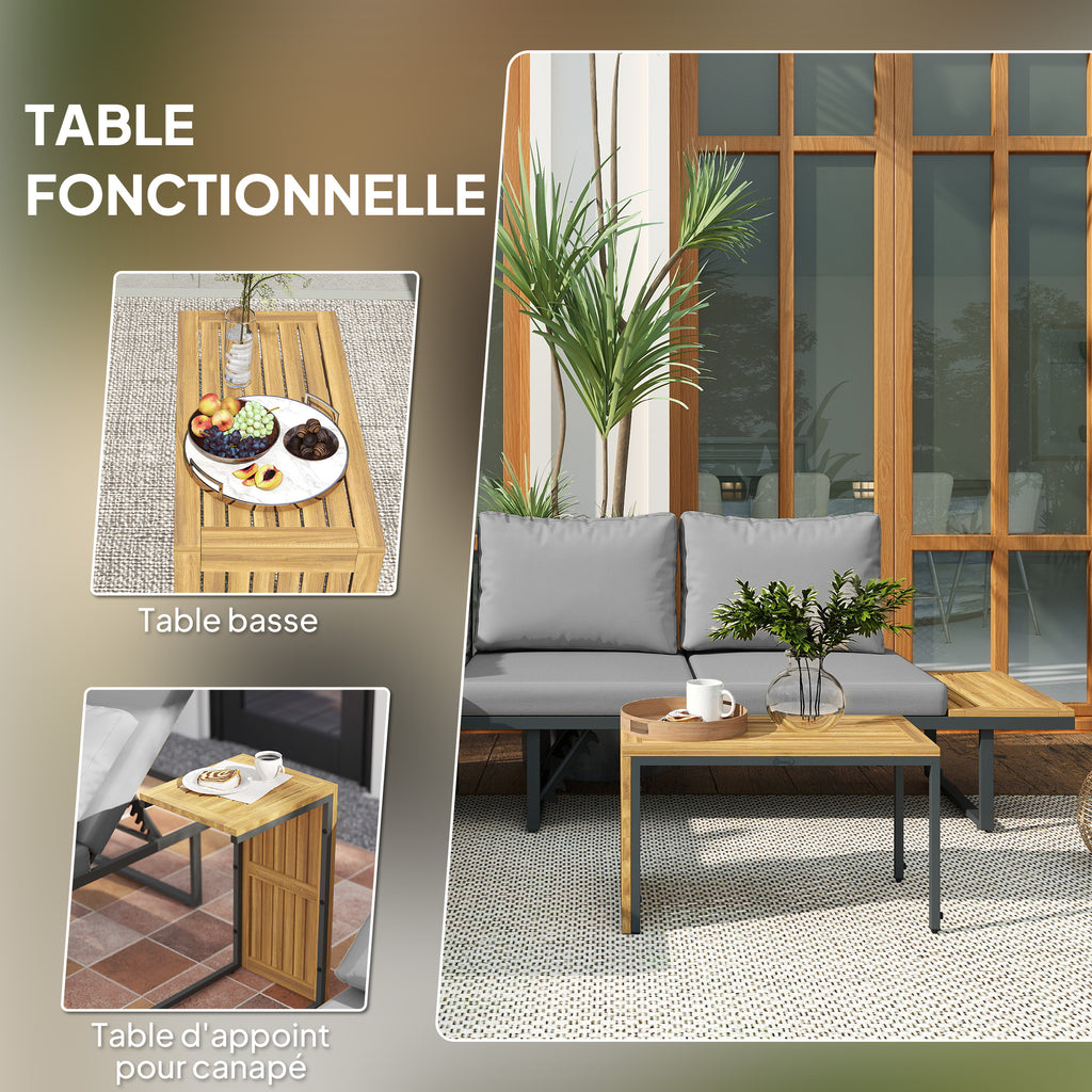 Solarias Ensemble de meubles de jardin modulable en bois d'acacia 6 places, salon de jardin d'angle avec table, gris