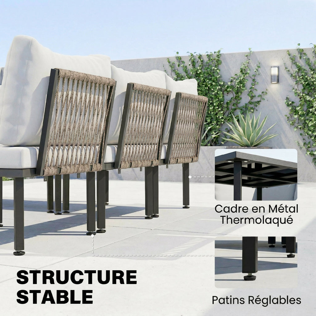 Solarias Salon de jardin extérieur d'angle modulable 6 personnes, table basse avec plateau en verre trempé, gris clair