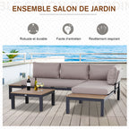 Solarias Ensemble Salon de Jardin d'angle Design Contemporain 5 Places Coussins Marron Table Basse alu. Noir et Imitation Bo