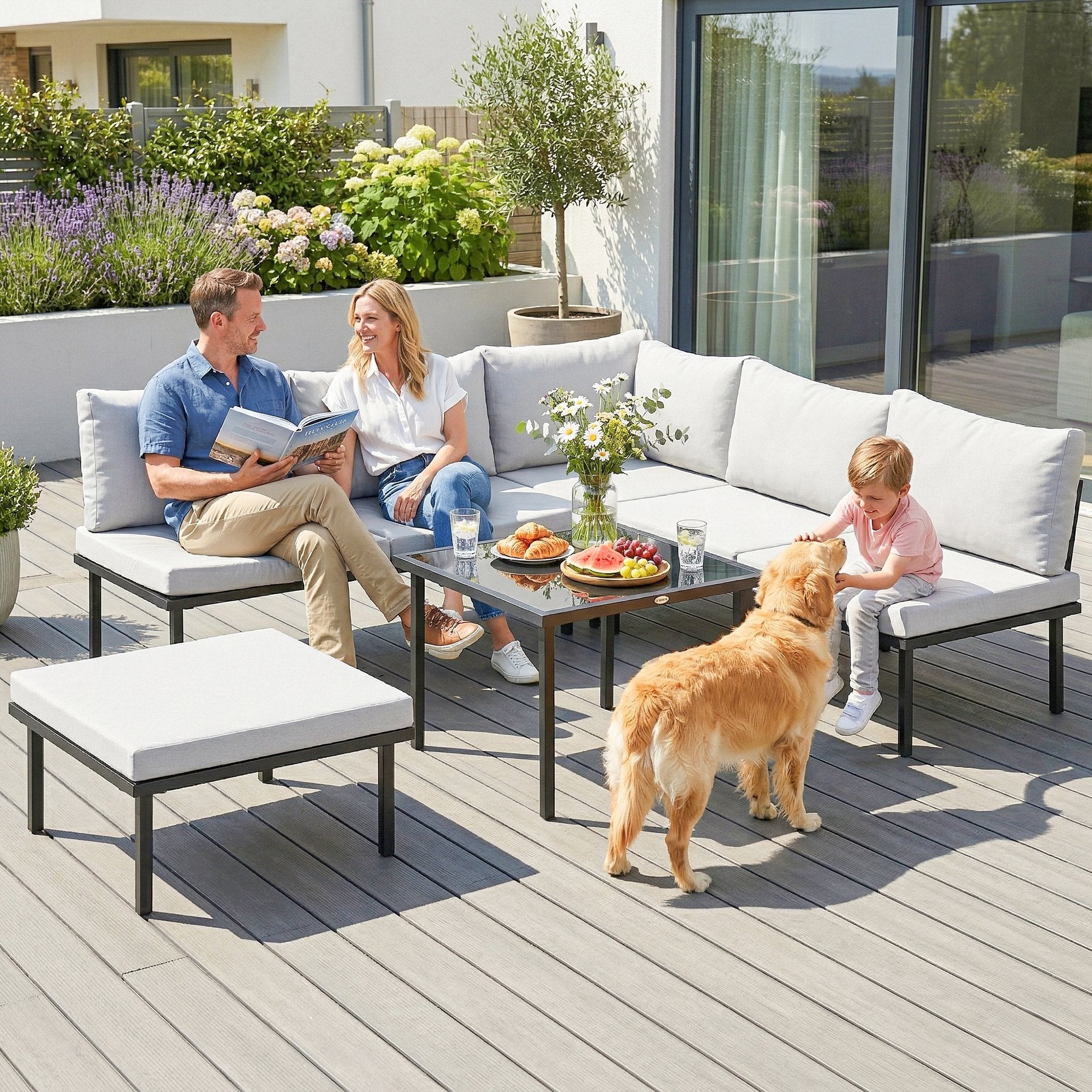 Solarias Salon de jardin extérieur d'angle modulable 6 personnes, table basse avec plateau en verre trempé, gris clair