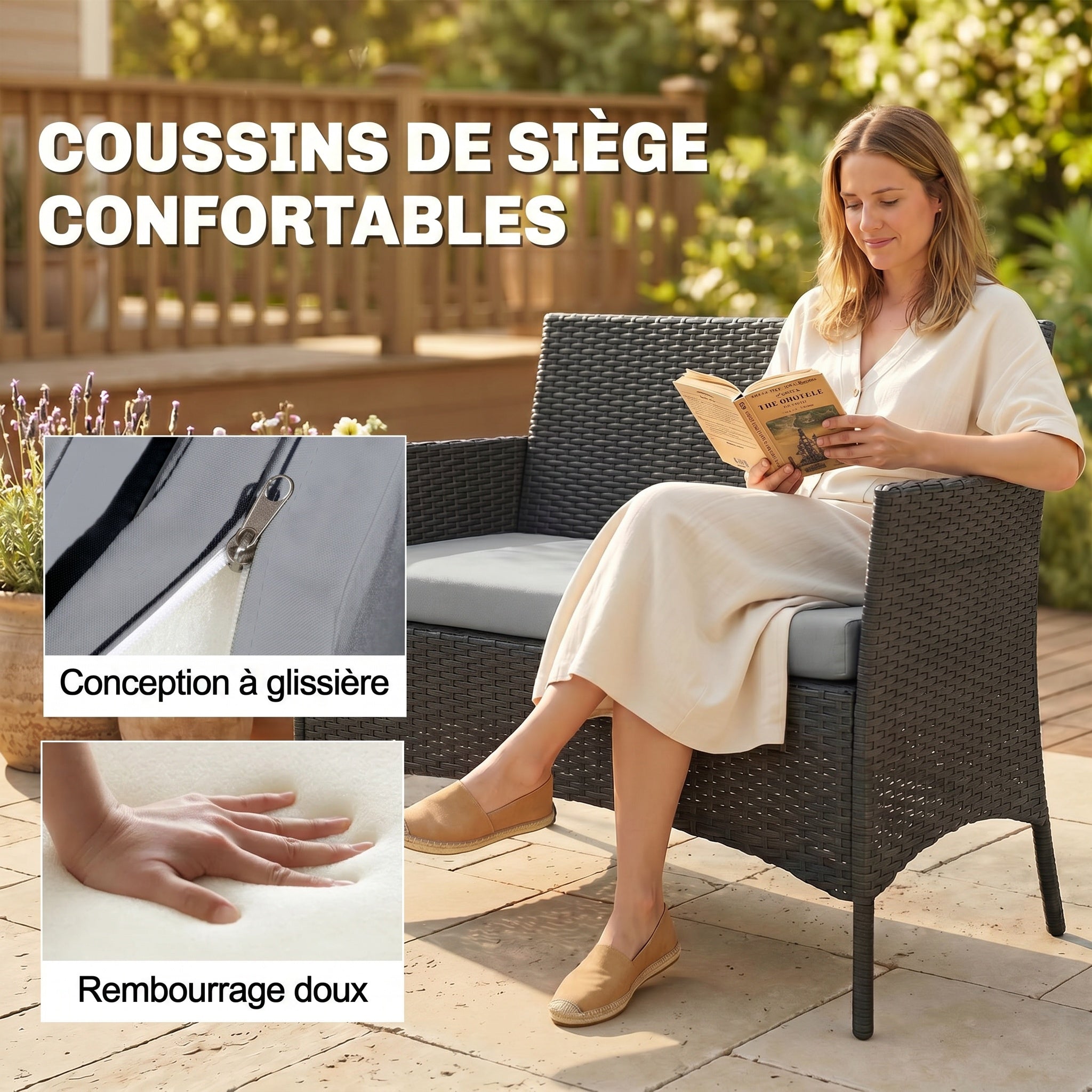Solarias Salon de jardin extérieur 4 personnes en résine tressée avec canapés et table basse en verre trempé coussins inclus