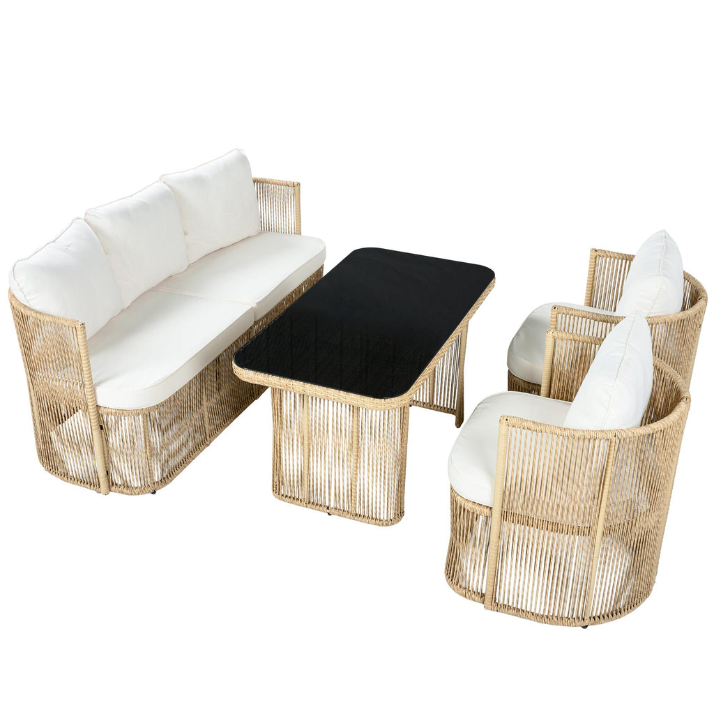 Solarias Ensemble de jardin 5‑pièces PE‑rotin, canapé 3‑places, 2 fauteuils et table en verre, Beige+Noir+Blanc