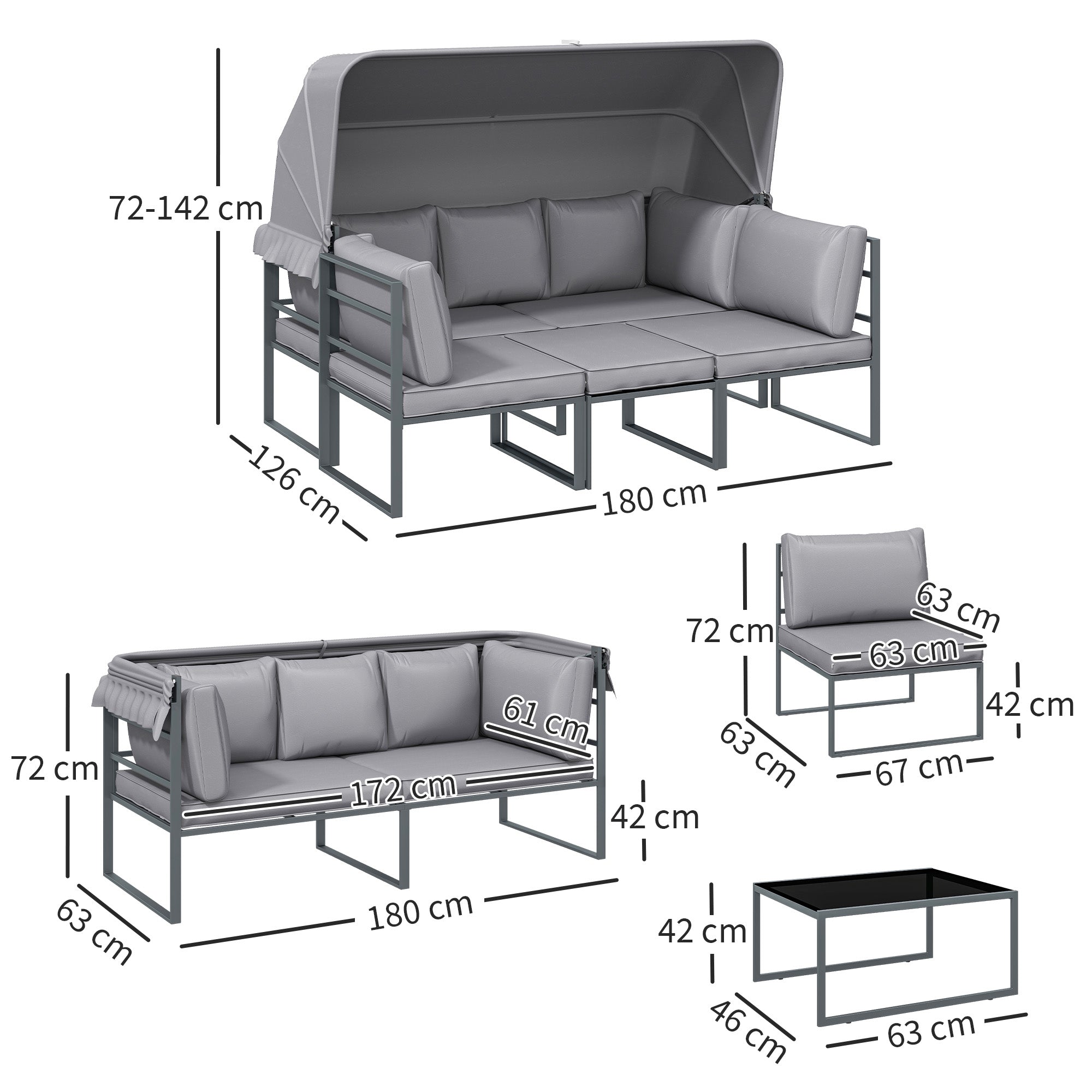Solarias Salon de jardin extérieur 4 pièces modulaire avec canapé, fauteuil et table basse en verre trempé, coussins inclus,