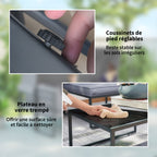 Solarias Salon de jardin extérieur 4 pièces modulaire avec canapé, fauteuil et table basse en verre trempé, coussins inclus,