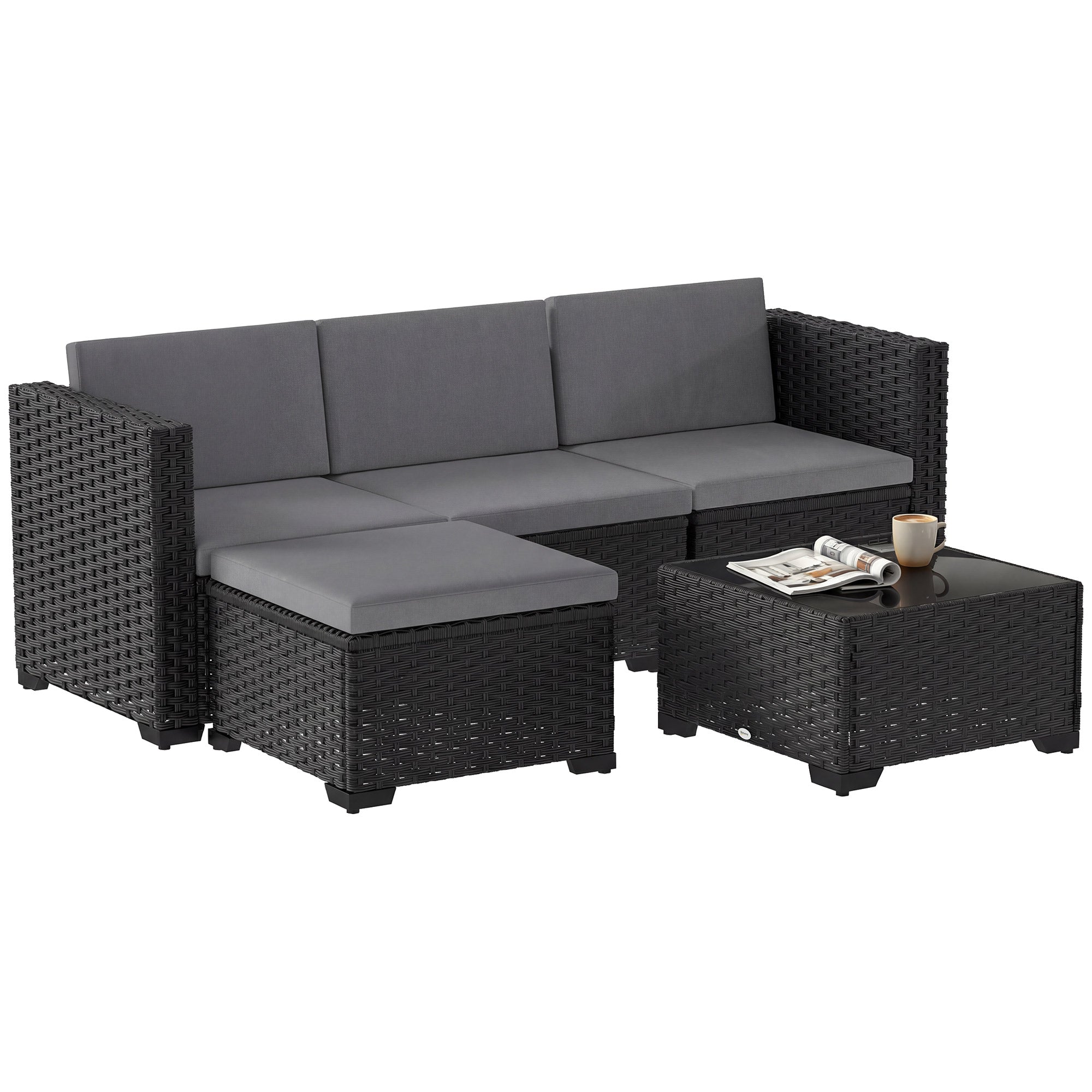 Solarias Ensemble Modulaire de Jardin en Rotin 5 Pièces avec Coussins, Canapé d'Angle Gris