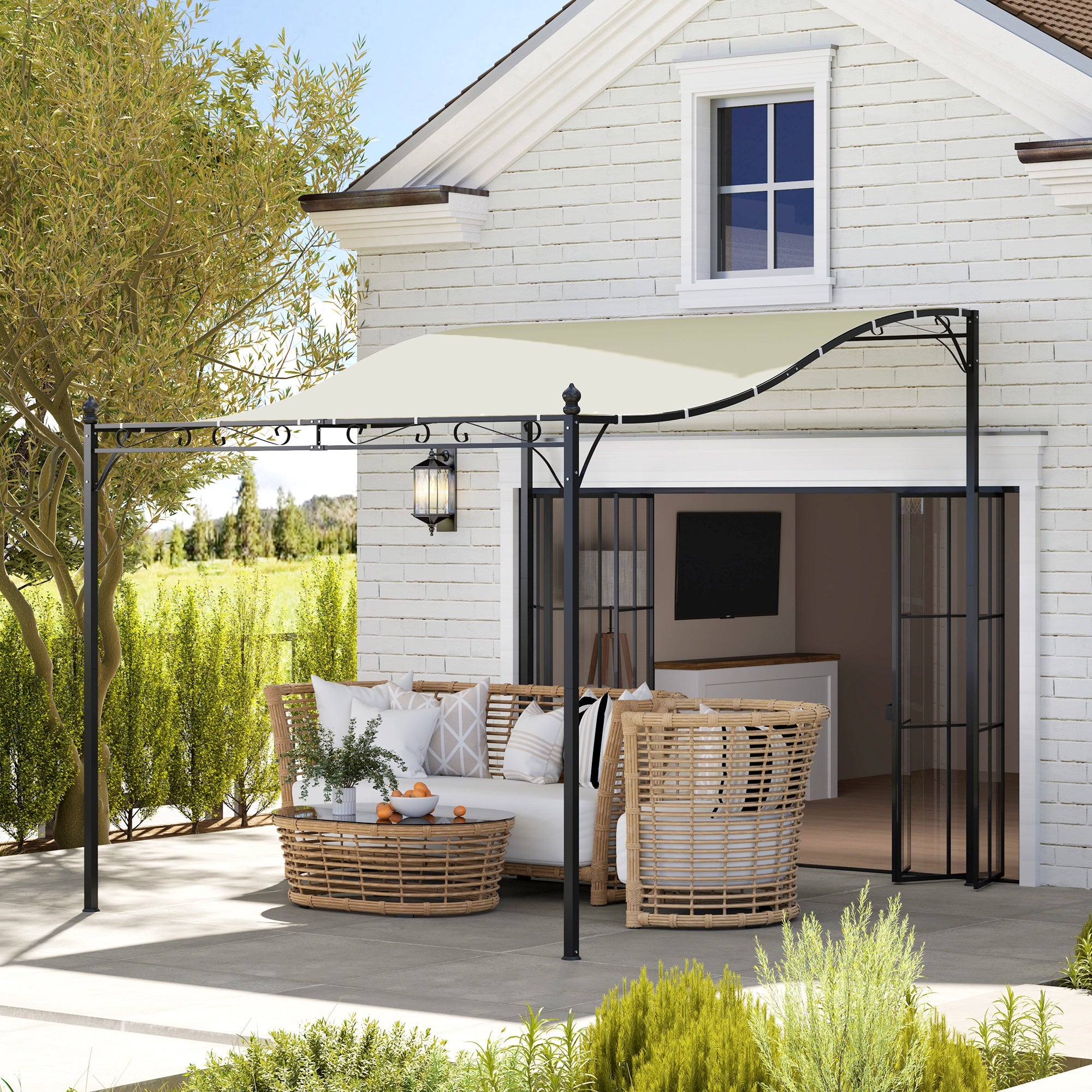 Solarias Pergola de 2,5 x 3 m, Pavillon de Jardin Monté sur Mur, Résistant à l'eau, Cadre en Métal, Trous de drainage, Toit 