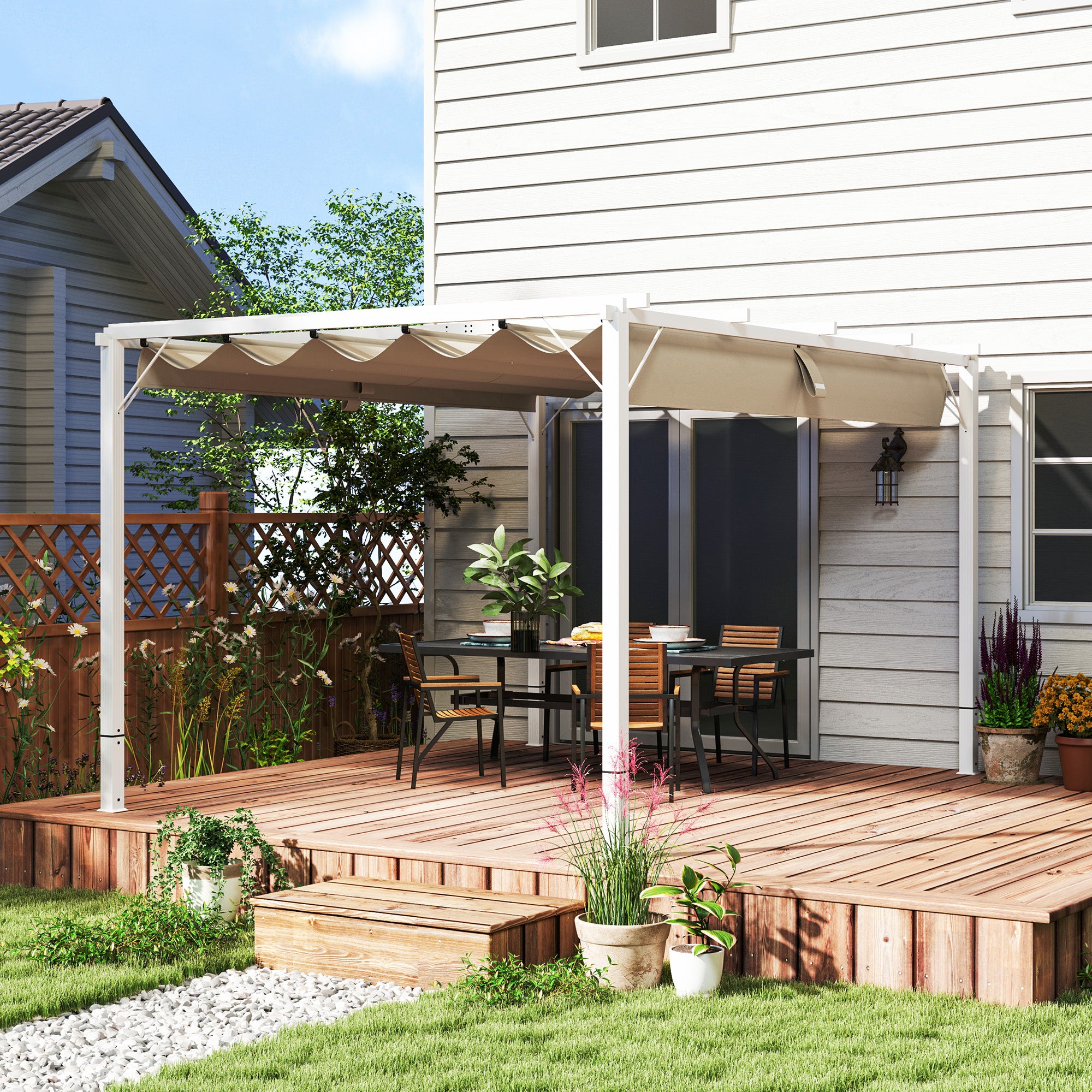Solarias Pergola jardin extérieur en aluminium 3 x 4 m avec toit rétractable, abri soleil UPF30+, pour terrasse, patio, blan