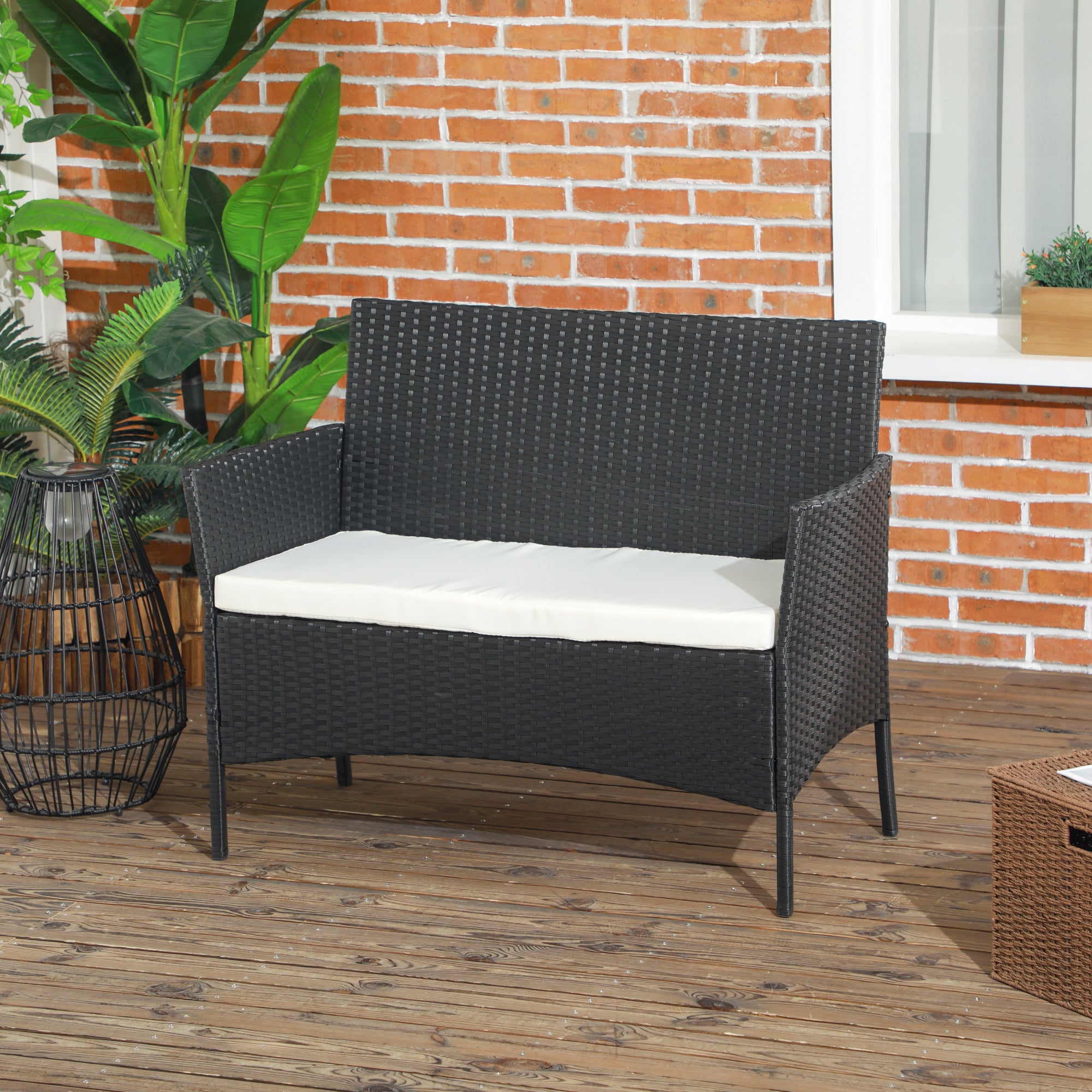 Solarias Canapé de Jardin à 2 Places avec Coussin et Accoudoirs en Rotin PE et Acier, 100x54x80cm, Noir